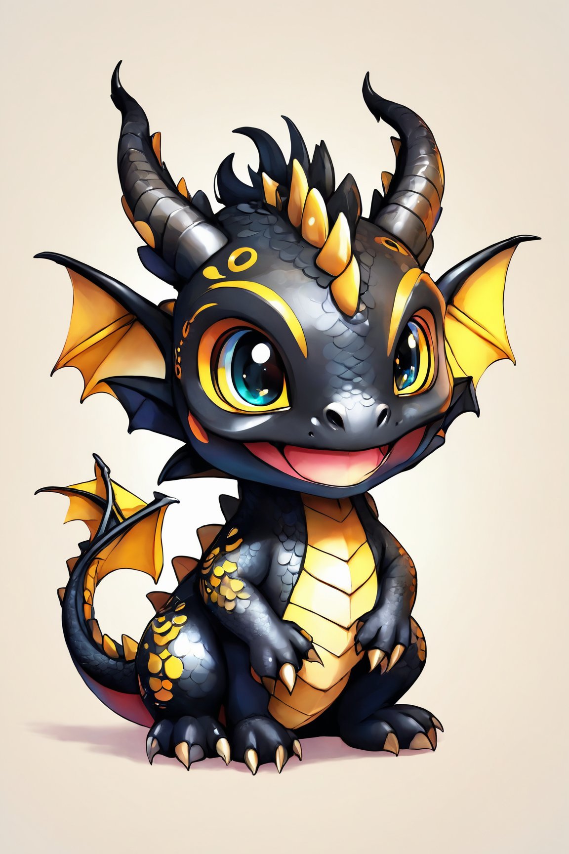 AiArtV, Baby Dragon, solo,looking at viewer,smile,simple background,white background,sitting,tail,full body,wings,black eyes,pokemon (creature),no humans,head wings,creature,fusion