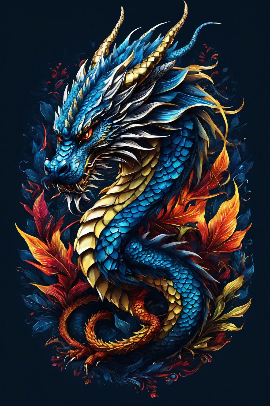 (best quality,8K,highres,masterpiece), ultra-detailed, (vector illustration, t-shirt design), featuring a majestic and powerful dragon. This fearsome creature is depicted in a striking pose, its scales shimmering with intricate detail and vibrant colors. The dragon's fierce eyes and mighty wings add to its awe-inspiring presence. The illustration is designed to be a captivating centerpiece for a t-shirt, capturing the essence of fantasy and strength in every line and curve.