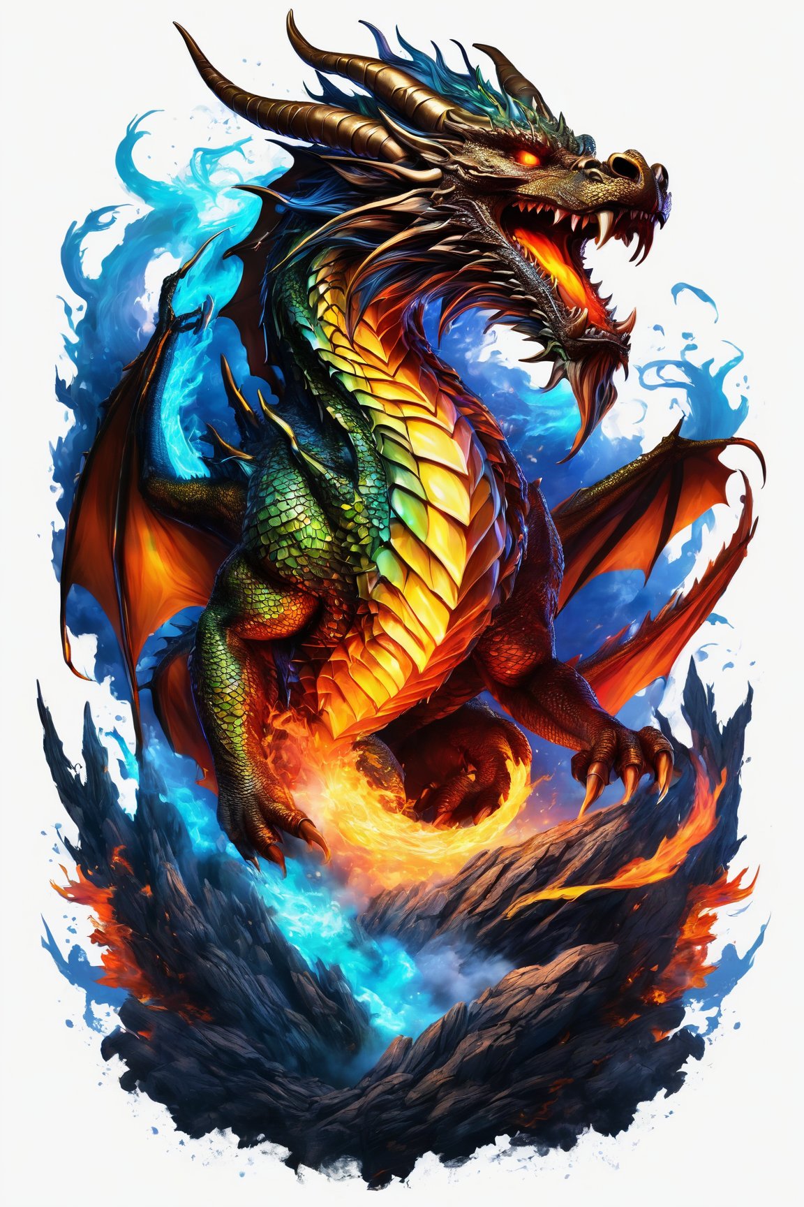 High-res, detailed dragon illustration, vibrant colors, dynamic pose, epic battle scene, mythical creature, fantasy artwork, intricate scales, fiery breath, intense lighting, intricate linework, vector illustration, professional quality, vivid colors, powerful and majestic, dragon in flight, fantasy t-shirt design.