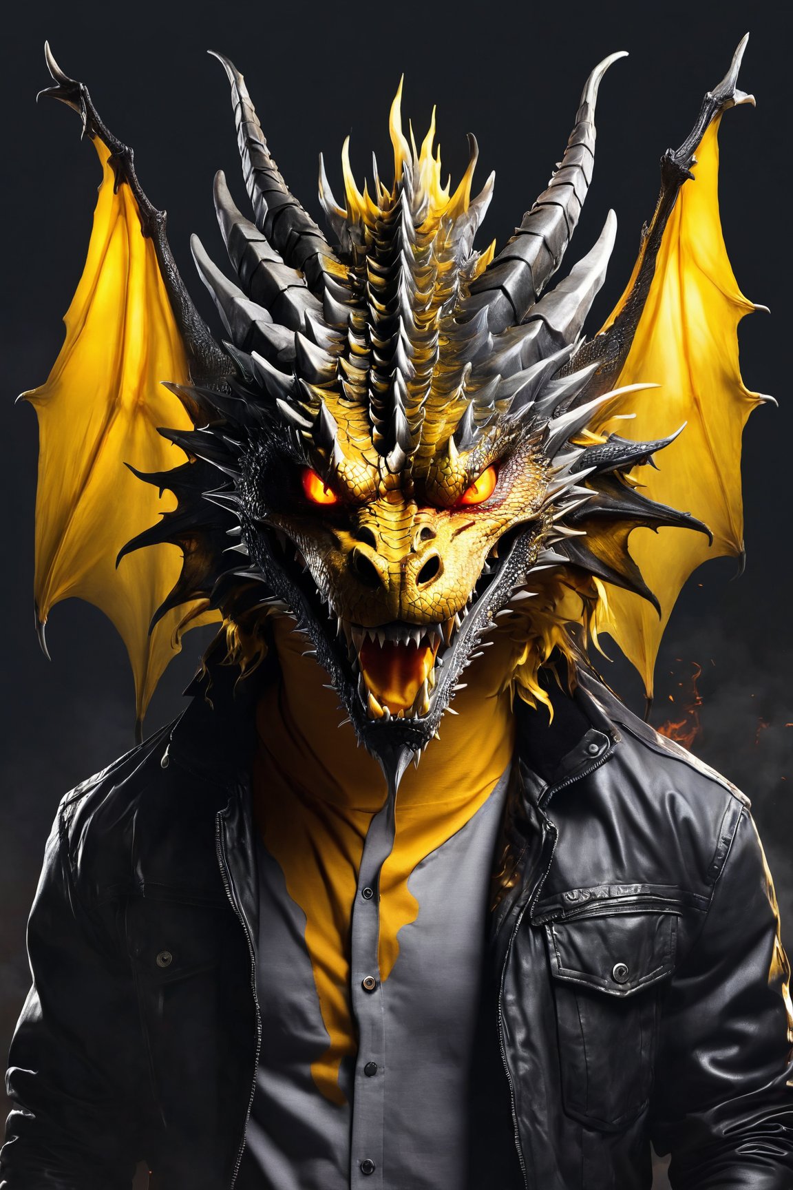 AiArtV, Dragon, open mouth, yellow eyes, shirt design, jacket, upper body, male focus, teeth, grey background, sharp teeth, t-shirt, claws, spikes, yellow shirt, cropped torso, scales, fiery breath, intense gaze, powerful wings, smoky atmosphere