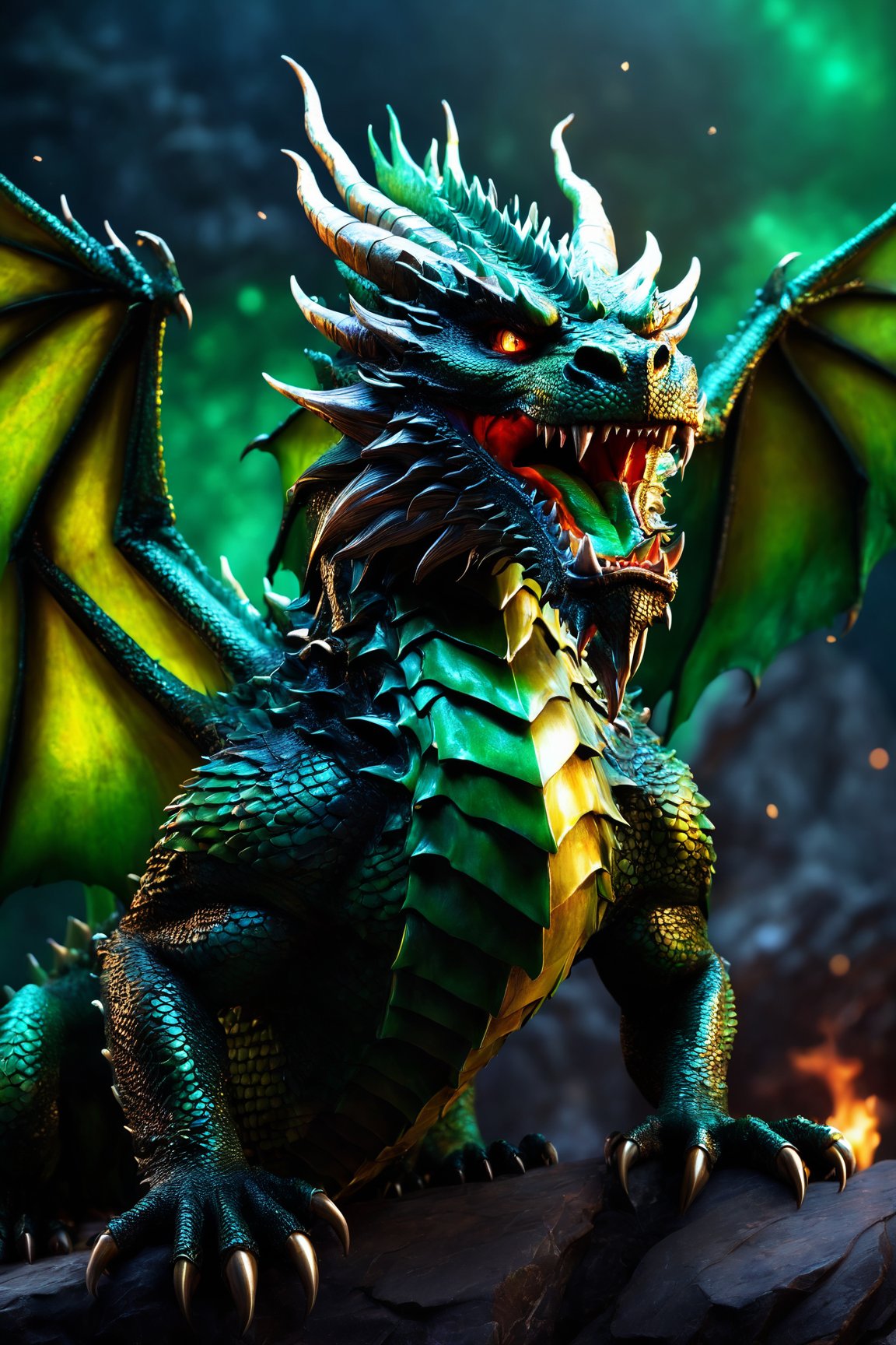 (best quality, 4k, 8k, highres, masterpiece:1.2), ultra-detailed, (realistic, photorealistic, photo-realistic:1.37), fantasy dragon, detailed face, angry expression, sharp teeth, flaming nostrils, detailed scales, luminous eyes, elongated face, ferocious expression, realistic texture, mythical creature, fierce gaze, scaly skin, intense green color, intimidating presence, powerful wings, dark and stormy background, vivid colors, bokeh, contrasting lighting