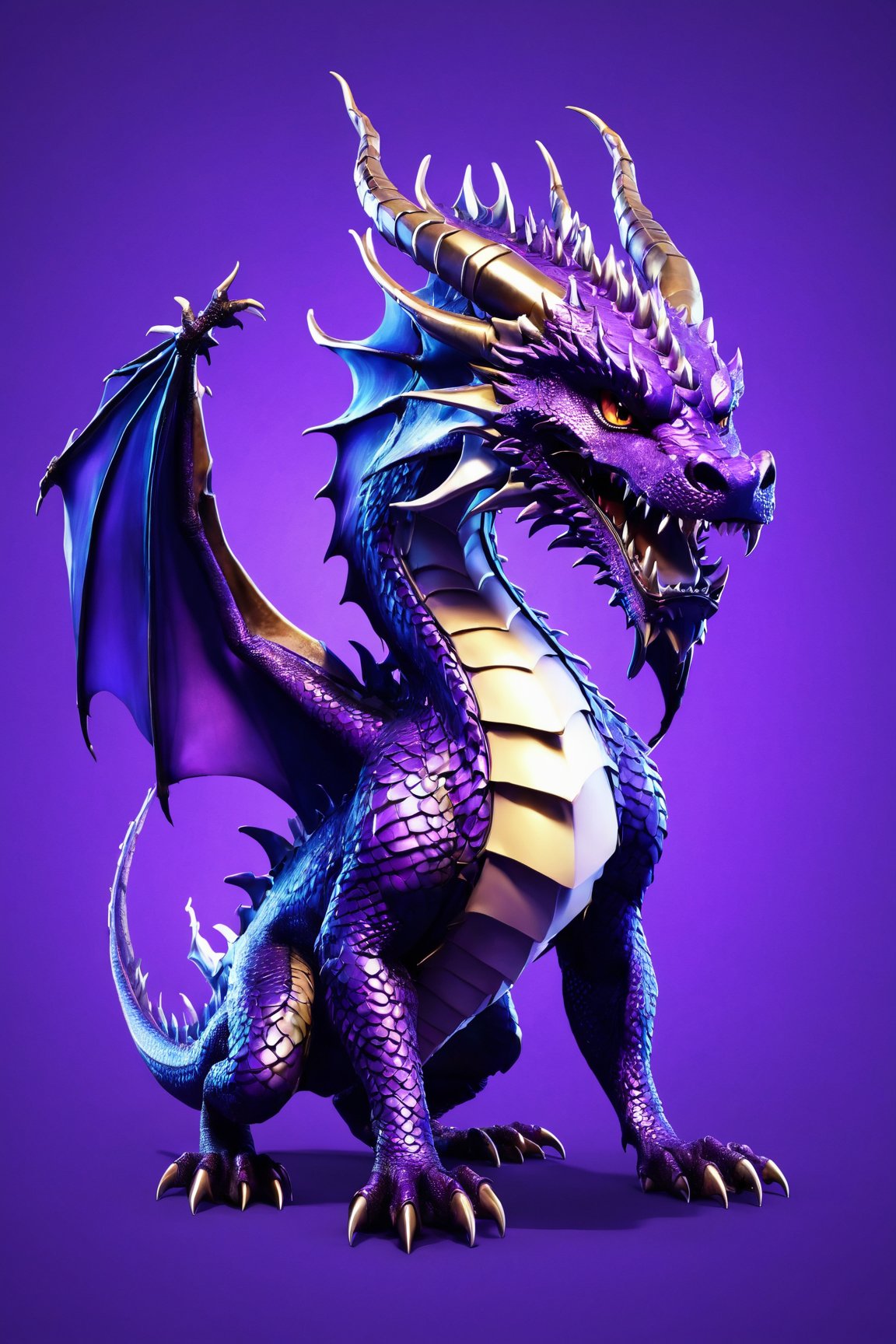 AiArtV, Dragon, solo,looking at viewer,open mouth,simple background,tail,full body,wings,horns,teeth,no humans,sharp teeth,claws,purple background,dragon,fusion,dragon wings