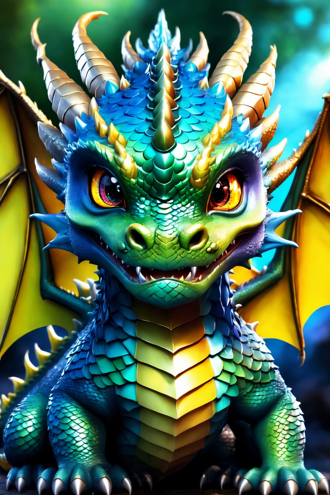 AiArtV, baby Dragon, solo,looking at viewer,open mouth,full body,yellow eyes,wings,horns,blurry,no humans,fangs,dragon,scales