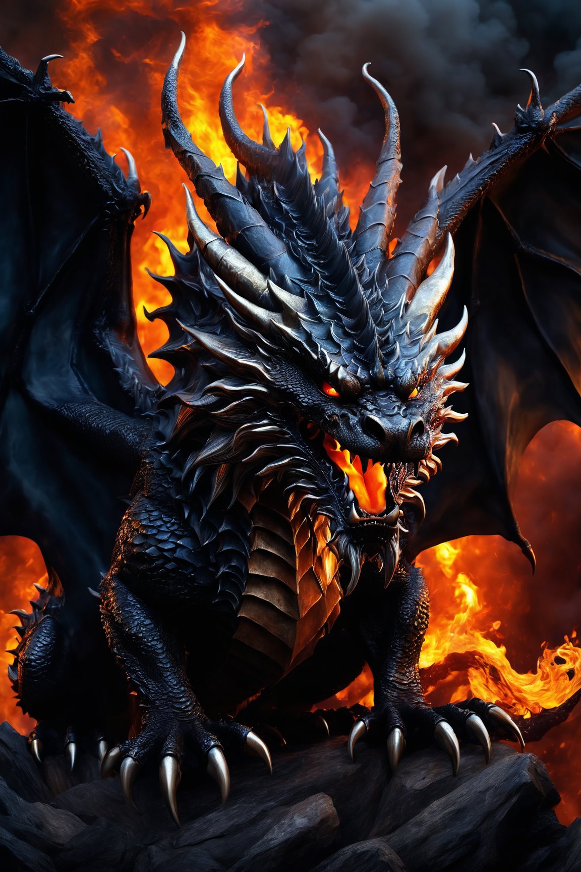 (best quality,4k,highres,masterpiece:1.2),ultra-detailed,(realistic,photorealistic,photo-realistic:1.37),fantasy dragon,angry face,burning fire,hell,fiery breath,sharp fangs,fierce eyes,dark scales,billowing smoke,massive wings,intense heat,molten lava,majestic creature,dark aura,ominous presence,demonic horns,scorching flames,mysterious shadows,ominous sky,molten gold,enchanted treasures,glistening talons,smoldering ashes,unleashed power,ominous glow,roaring inferno,sinister silhouette,savage claws,menacing presence,devastating power,terrifying beauty,fiery destruction,darkened skies,chaotic flames,living nightmare,ominous atmosphere,intense wrath