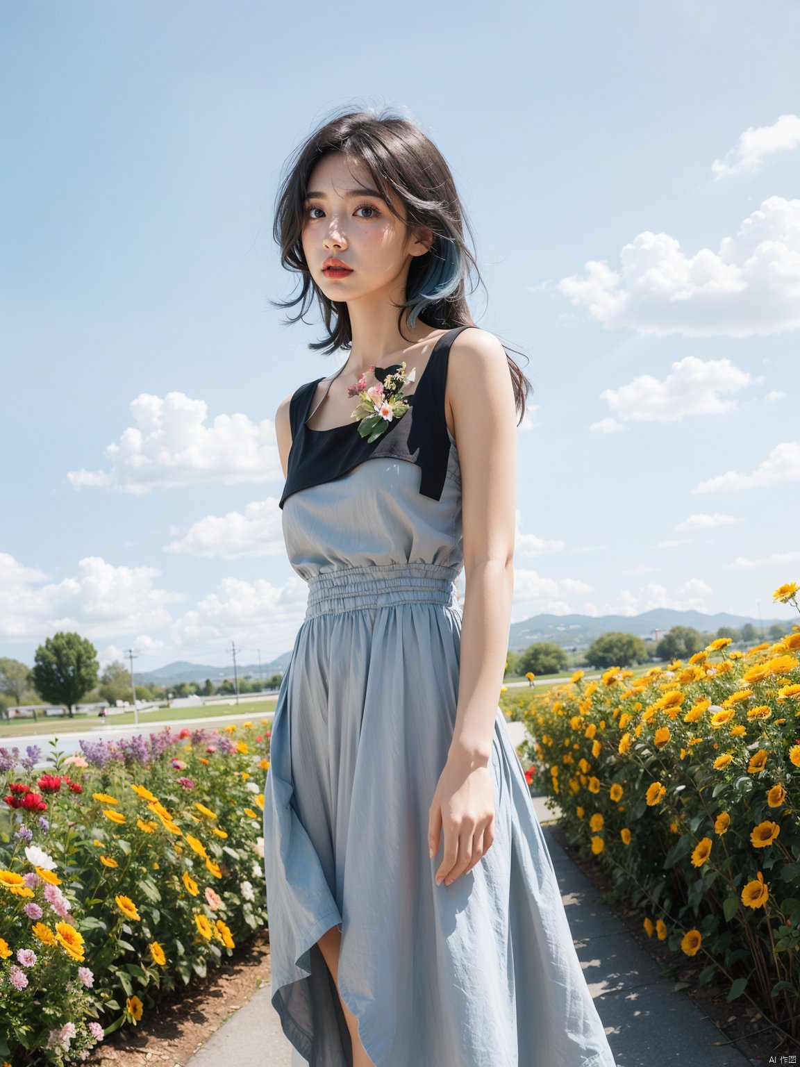  1 girl,flowers (innocent grey),Sky blue hair,standing