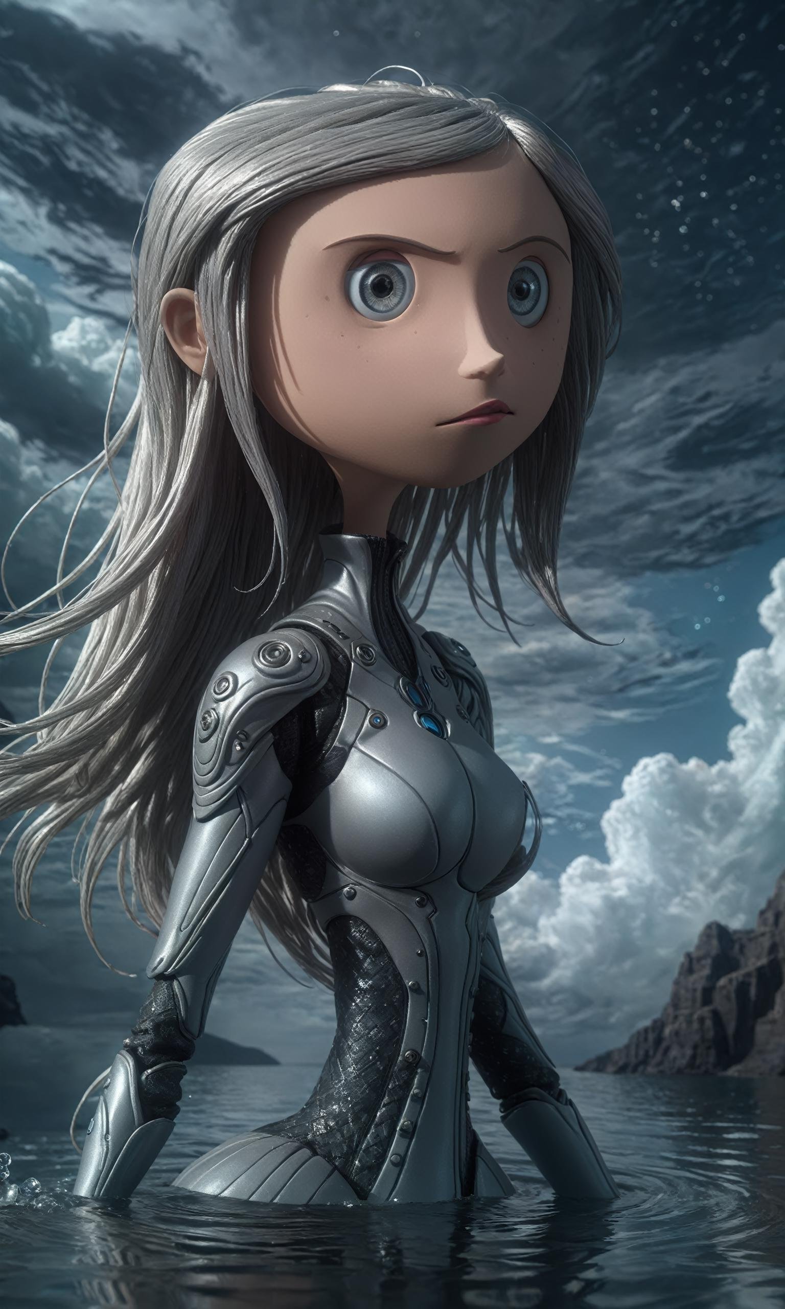 ((masterpiece)),  ((best quality)),  ((illustration)),  extremely detailed, style girl,  long shot,  small breast, light grey very_long_hair,  (3d),  c0raline_style,  (stop motion),  scifi hair ornaments,  beautiful detailed deep eyes,  beautiful detailed sky,  beautifuldetailed water,  cinematic lighting,<lora:EMS-61413-EMS:0.200000>,<lora:EMS-275640-EMS:0.800000>
