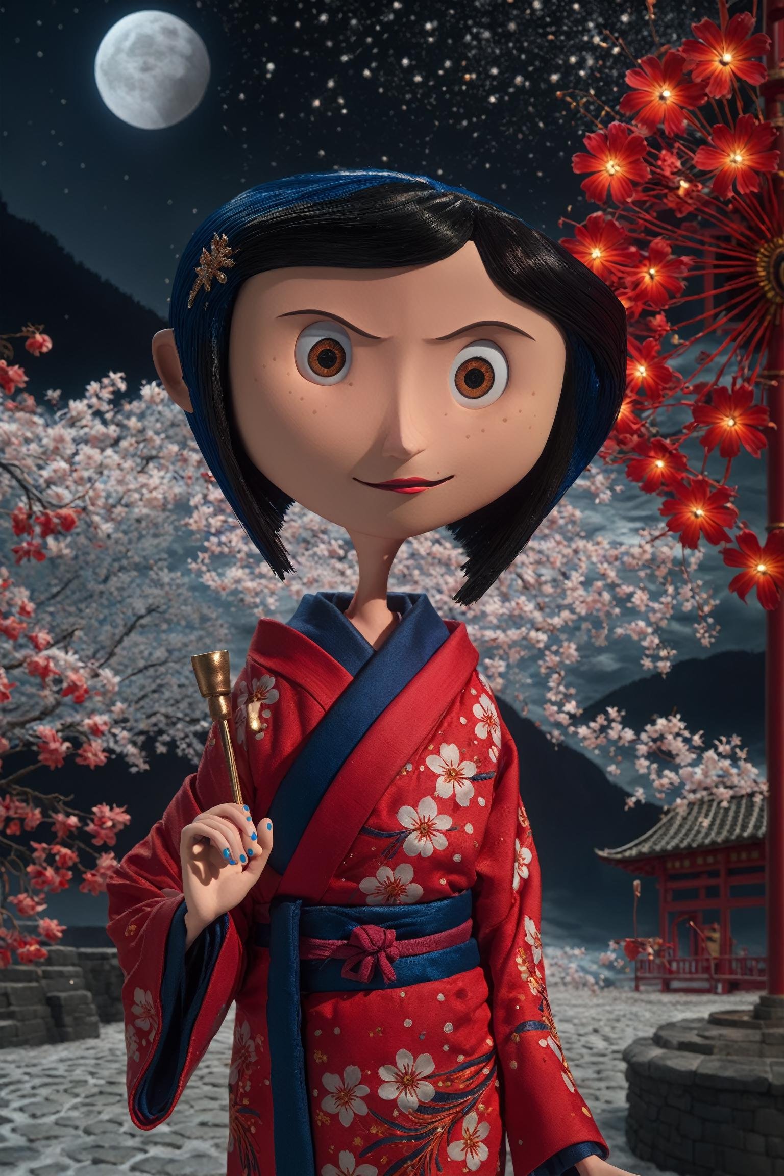 (beautiful detailed face,  beautiful detailed eyes), (((best quality, masterpiece))), c0raline_style,  (stop motion),  (a beautiful woman, (flower pattern) kimono), (Snow cover, night_sky , fireworks, Matsuri,  nature view), more detail XL, EpicSky, cloud, black hair, red eyes,<lora:EMS-61413-EMS:0.200000>,<lora:EMS-275640-EMS:1.000000>,<lora:EMS-266716-EMS:0.300000>