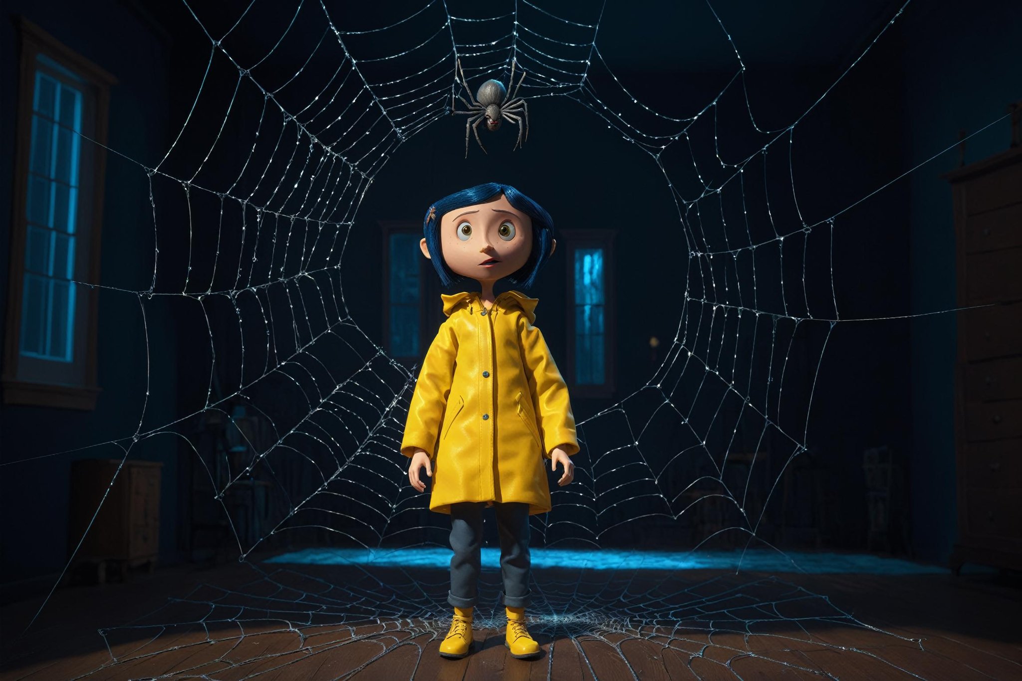 (Masterpiece,  best quality:1.4),  8k,  (top quality),  (Centered),  (ultra-detailed portrait),  hyperrealistic,  (3d),  c0raline_style,  (stop motion),  cgi,  animated,  ((cinematic)),  ,  glowing,  pants,  monster,  short hair,  silk,  spider web,  standing,  horror (theme),  1girl,  dark,  yellow raincoat,  indoors,  blue hair,  fantastic composition,  (volumetric lighting),  (shiny:1.1),  ((intricate details,  hyperdetailed)),  shadow,  ((blurry background)),  (deep depth of field:1.3),  sharp focus,  beautiful,  (dreamy,  cinematic lighting:1.2),  (dynamic),  ((extremely detailed background)),<lora:EMS-61413-EMS:0.200000>,<lora:EMS-275640-EMS:0.700000>