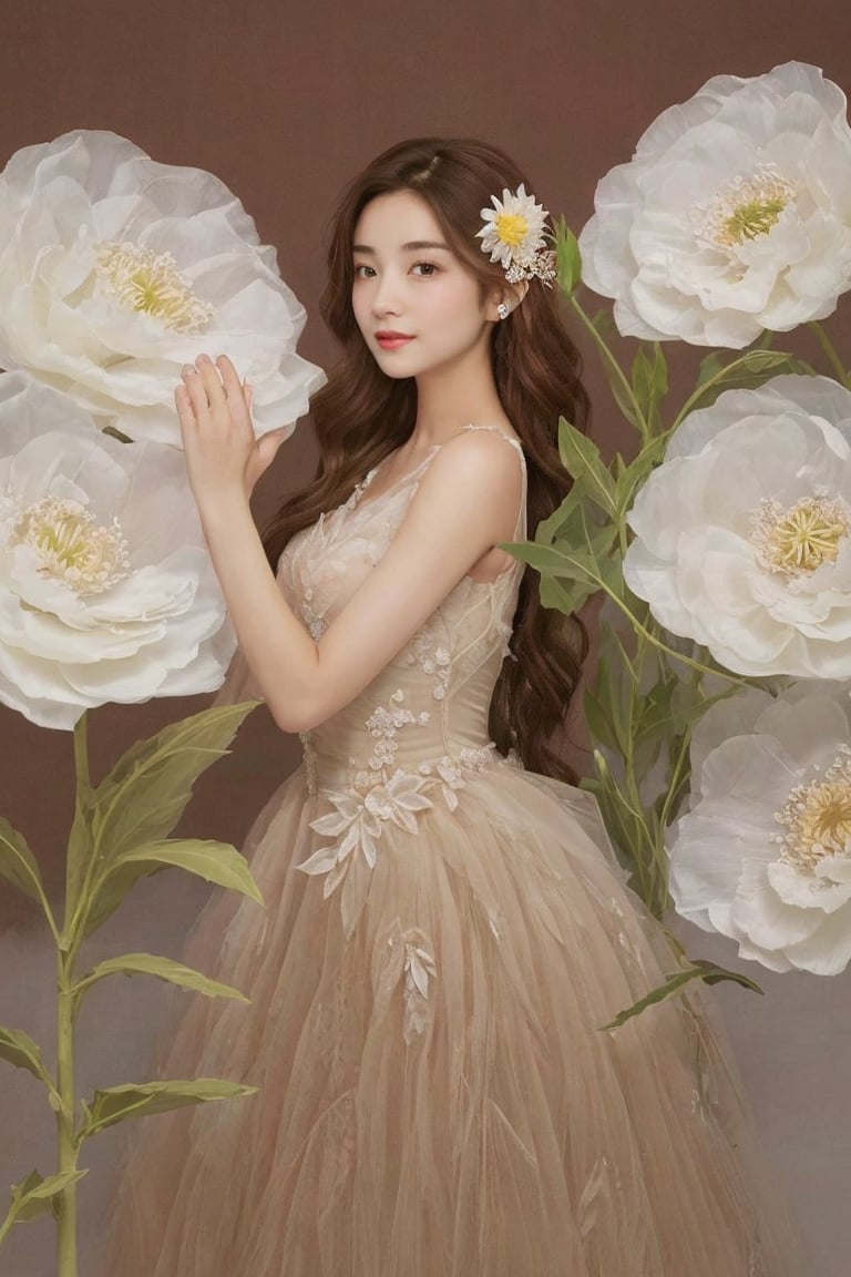 1girl, solo, long hair, brown hair, hair ornament, dress, flower,giant_flower