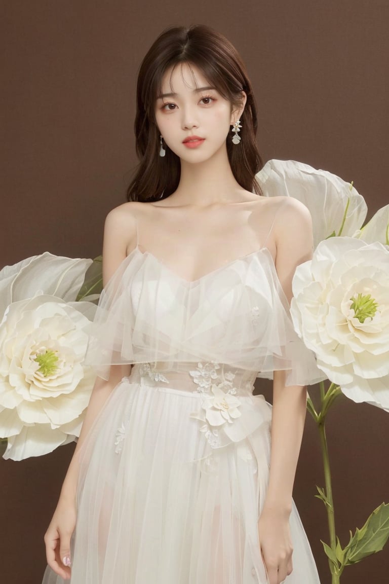 1girl, solo, long hair, looking at viewer, brown hair, black hair, dress, bare shoulders, brown eyes, jewelry, flower, earrings, parted lips, white dress, lips, white flower, brown background, realistic