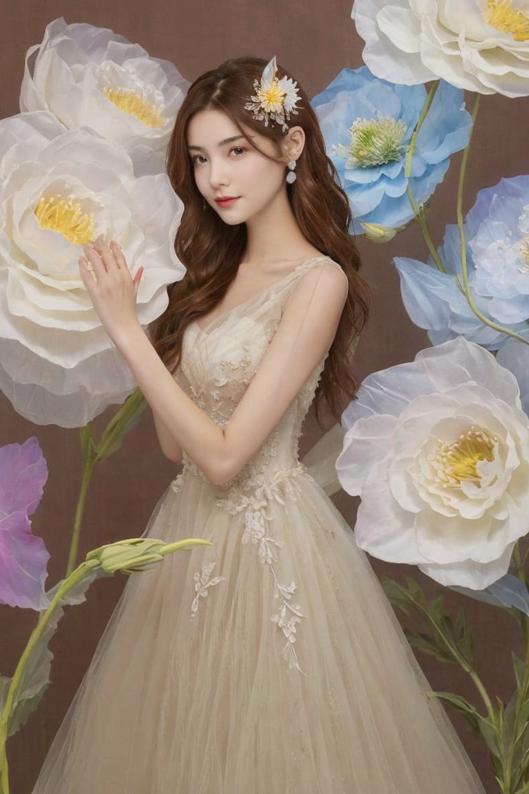 1girl, solo, long hair, brown hair, hair ornament, dress, flower,giant_flower