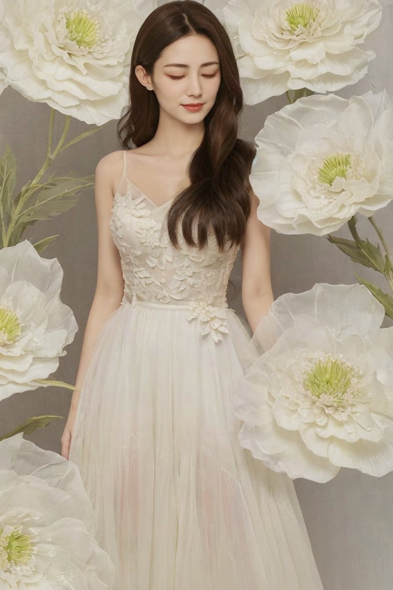 1girl, solo, long hair, brown hair, black hair, dress, closed eyes, flower, sleeveless, white dress,  white flower