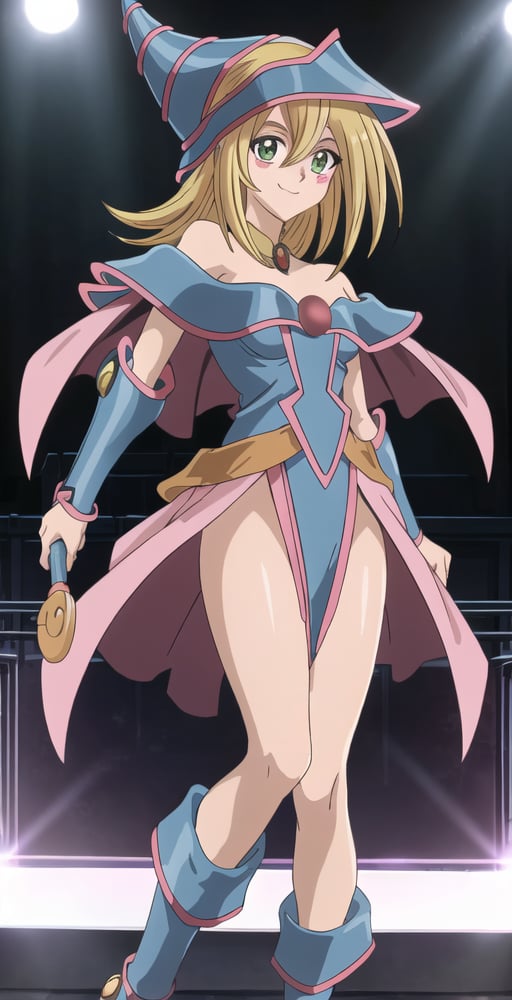 DMG, 1girl, solo, portrait, looking at viewer, smile, off shoulder, wizard hat, gauntlets, skirt, boots, capelet, holding wand, on stage, spot lights shining on subject, perfect quality, good quality, masterpiece, HDR, UHD <lora:Dark Magician Girl-000003:0.8>