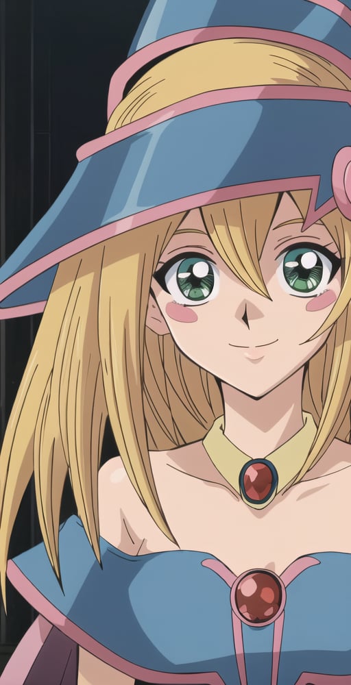 DMG, 1girl, solo, head portrait, looking at viewer, smile, off shoulder, wizard hat, perfect quality, good quality, masterpiece, HDR, UHD <lora:Dark Magician Girl-000003:0.8>