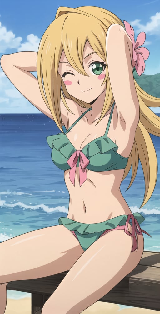 DMG, 1girl, solo, portrait, looking at viewer, blush stickers, green frill bikini, flower in hair, sitting, arms behind head, (eye wink), smile, beach, ocean, perfect quality, good quality, masterpiece, HDR, UHD <lora:Dark Magician Girl-000003:0.6>