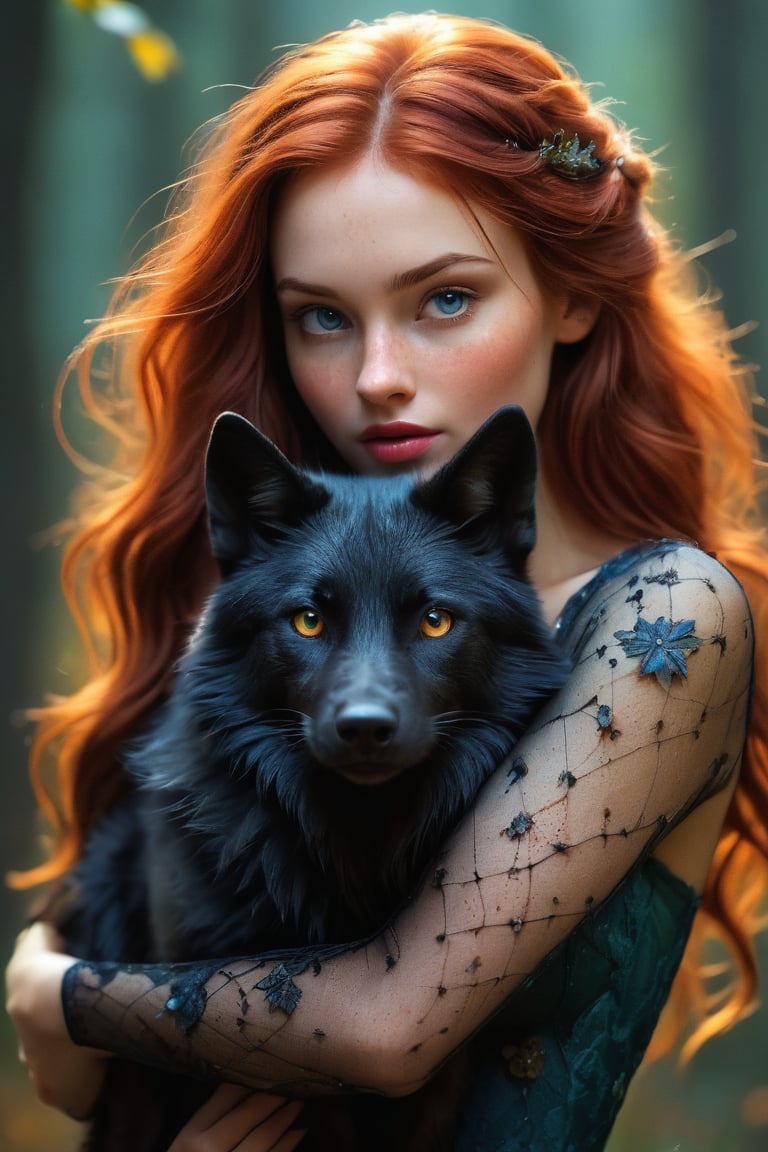 (best quality, masterpiece, colorful, dynamic angle, highest detailed) upper body photo, fashion photography of cute, freckled vixen, holding a black wolf, (ultrahigh resolution textures), in dynamic pose, bokeh, glowing web, (intricate details, hyperdetailed:1.15), detailed, moonlight passing through hair, perfect night, fantasy background, (official art, extreme detailed, highest detailed), HDR+