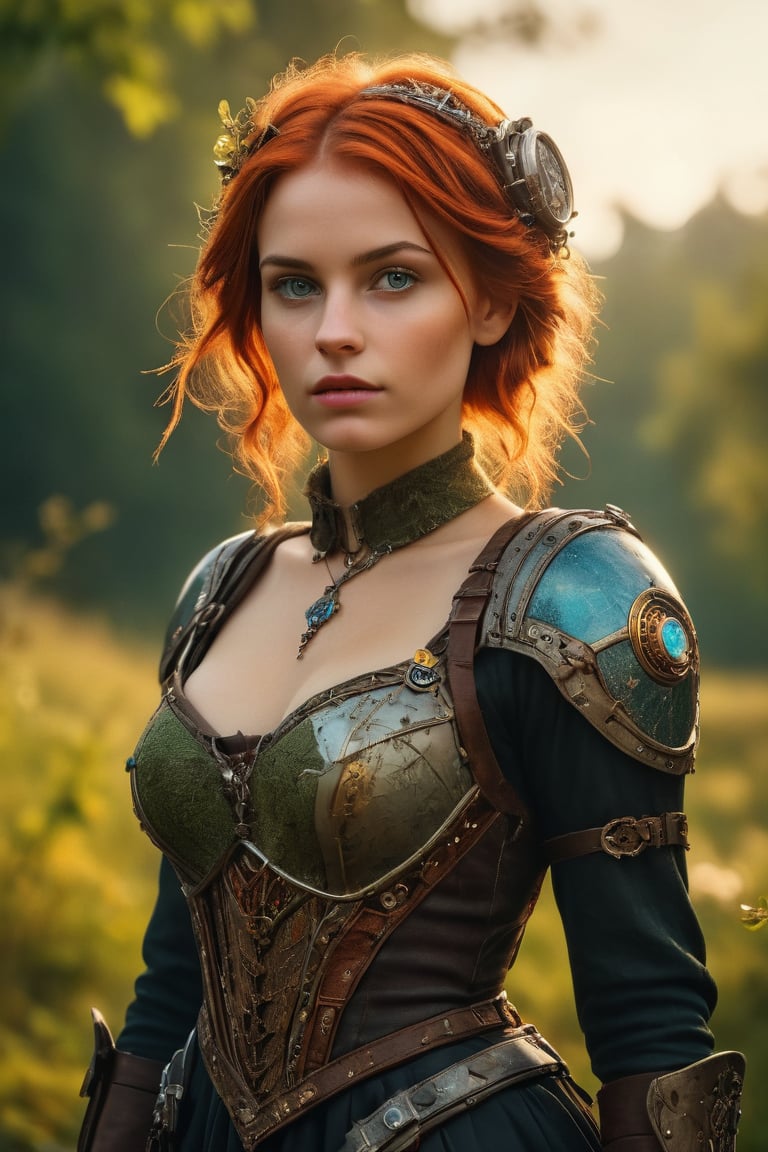 dslr photo of a girl in a fusion of medieval and cyberpunk elements, medium breast, with a mix of technology and nature, (highres, highly detailed:1.2), cinematic lighting, vibrant colors