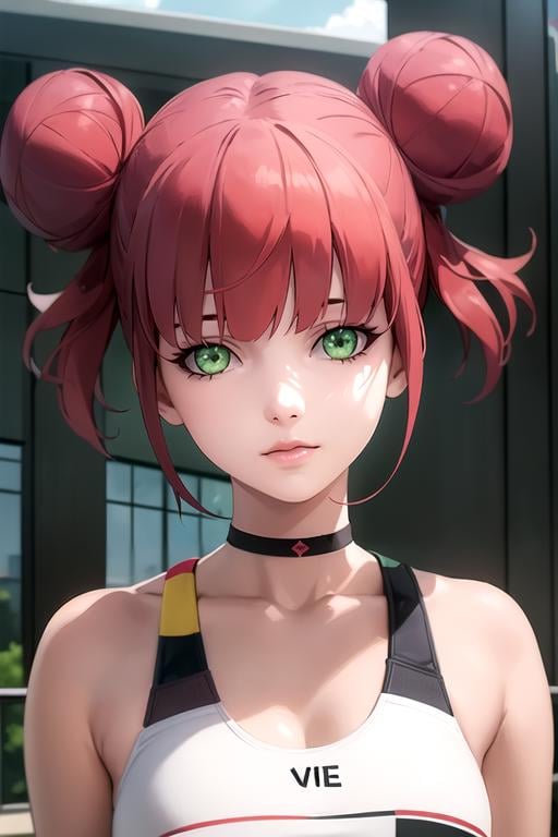 (best quality:1.1), (masterpiece:1.4), photorealistic, looking at viewer, , depth of field, anime coloring, (semi-realistic:1.4), 1girl, solo, <lora:flamme_synduality_noir:0.82>, flamme_synduality_noir, red hair, green eyes, , double bun, bangs, , The City of Glas,