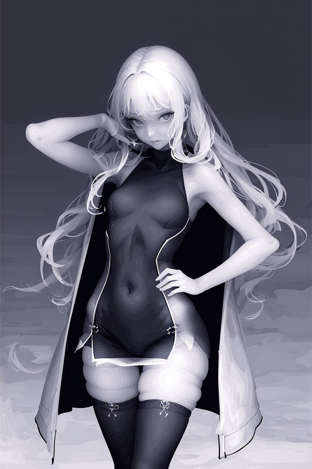 1girl, long coat,body suit,thighhighs,long hair,dark skin,simple background, (((masterpiece,best quality))),