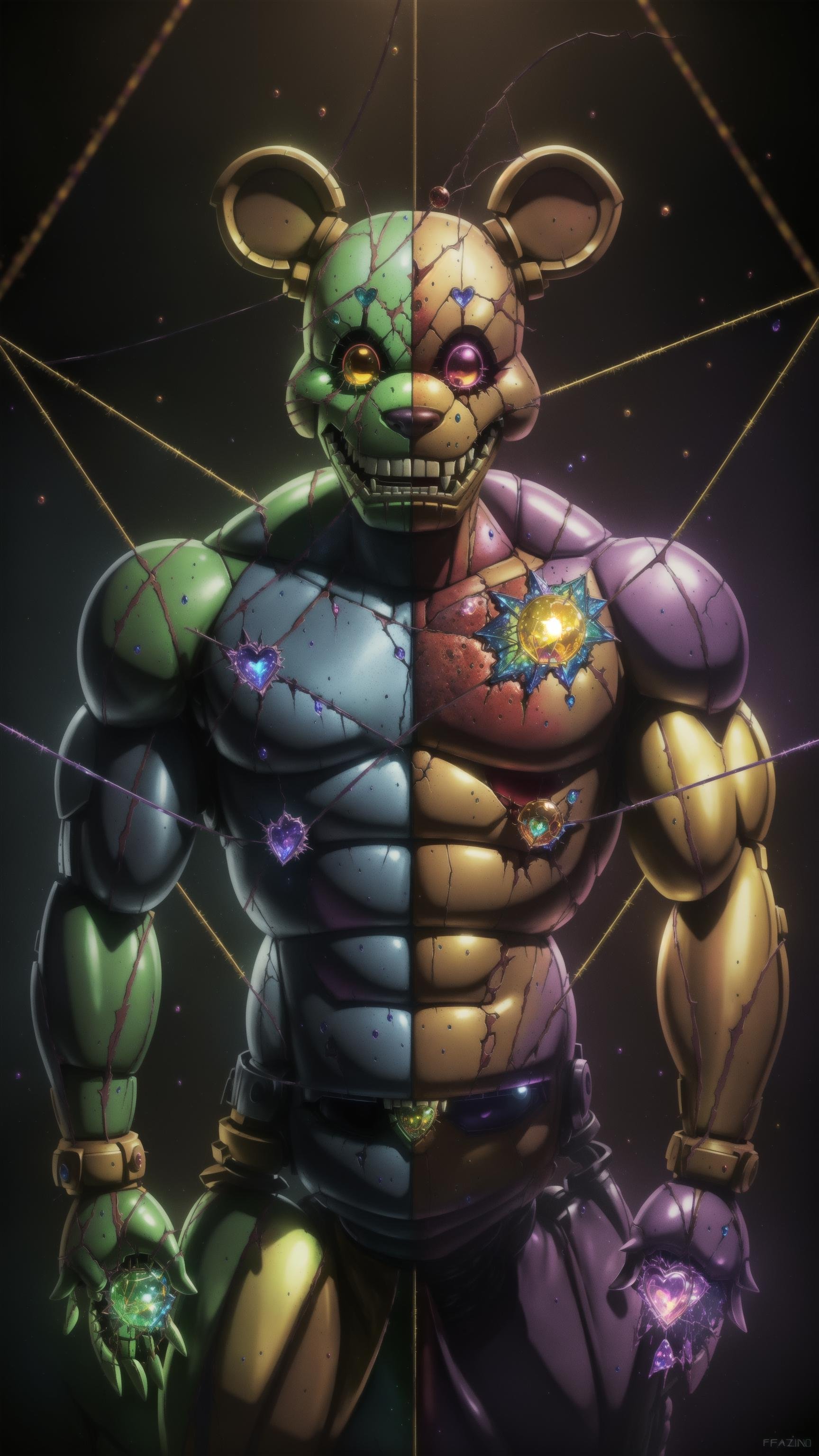 bonnie fnaf, rainbow springtrap, muscular animatronic, inside home, Springtrap, Nightmare Springtrap, realistic springtrap, fnaf springtrap, creepy springtrap, realistic springtrap, (rainbow bloody veins growing and intertwining out of the darkness), Springtrap potrait, oozing thick blue blood, sharp neon, veins growing and pumping blood, vascular networks growing, springtrap costume, green veins everywhere, (nailed wire), blood on body, (Muted colors:1.1), (Cross-hatching:1.1), (Infrared:1.2), Hypercube, ultra detailed, intricate, oil on canvas, ((dry brush, ultra sharp)), (surrealism:1.1), (disturbing:1.1), sparks, dark atmosphere, RTX, post processing, fnaf pizzeria, rainbow skin, ultra detail, freddy fazbear, springtrap Five Nights at Freddy's, a lot of blood, fnaf animatronic, nightmare animatronic, golden freddy, detailed background, pizzeria background, beksinski style,  heart on chest, lubrified body, body reflections, bloody, (shattered glass:1.3), cosmic space background, ethereal atmosphere, dynamic pose, black hole in the background, stars, space, lensflare, rim lighting, backlighting, detailed hands, muscular hands