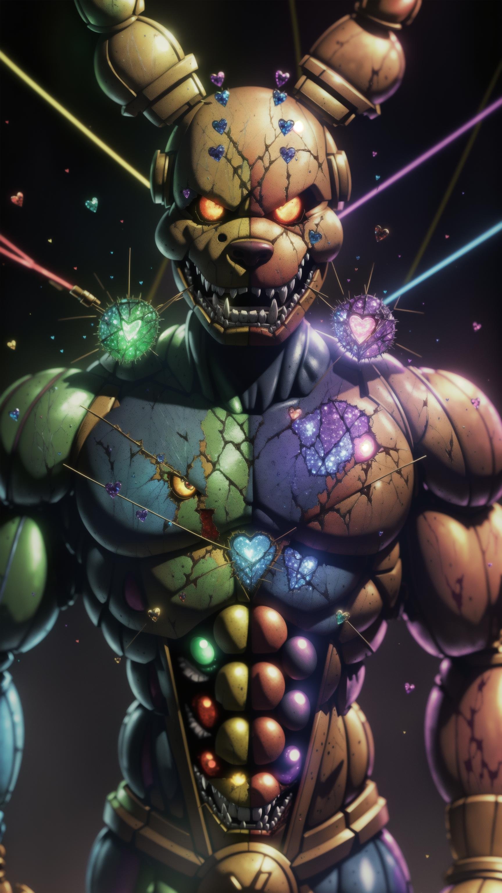 bonnie fnaf, rainbow springtrap, muscular animatronic, inside home, Springtrap, Nightmare Springtrap, realistic springtrap, fnaf springtrap, creepy springtrap, realistic springtrap, (rainbow bloody veins growing and intertwining out of the darkness), Springtrap potrait, oozing thick blue blood, sharp neon, veins growing and pumping blood, vascular networks growing, springtrap costume, green veins everywhere, (nailed wire), blood on body, (Muted colors:1.1), (Cross-hatching:1.1), (Infrared:1.2), Hypercube, ultra detailed, intricate, oil on canvas, ((dry brush, ultra sharp)), (surrealism:1.1), (disturbing:1.1), sparks, dark atmosphere, RTX, post processing, fnaf pizzeria, rainbow skin, ultra detail, freddy fazbear, springtrap Five Nights at Freddy's, a lot of blood, fnaf animatronic, nightmare animatronic, golden freddy, detailed background, pizzeria background, beksinski style,  heart on chest, lubrified body, body reflections, bloody, (shattered glass:1.3), cosmic space background, ethereal atmosphere, dynamic pose, black hole in the background, stars, space, lensflare, rim lighting, backlighting, detailed hands, muscular hands