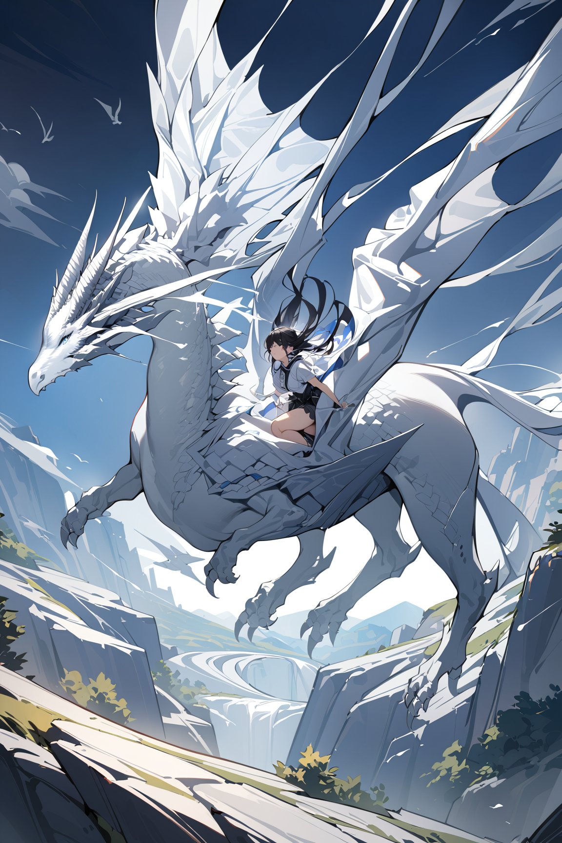 A girl riding a white dragon soars through the sky,
masterpiece, best quality,white dragon,