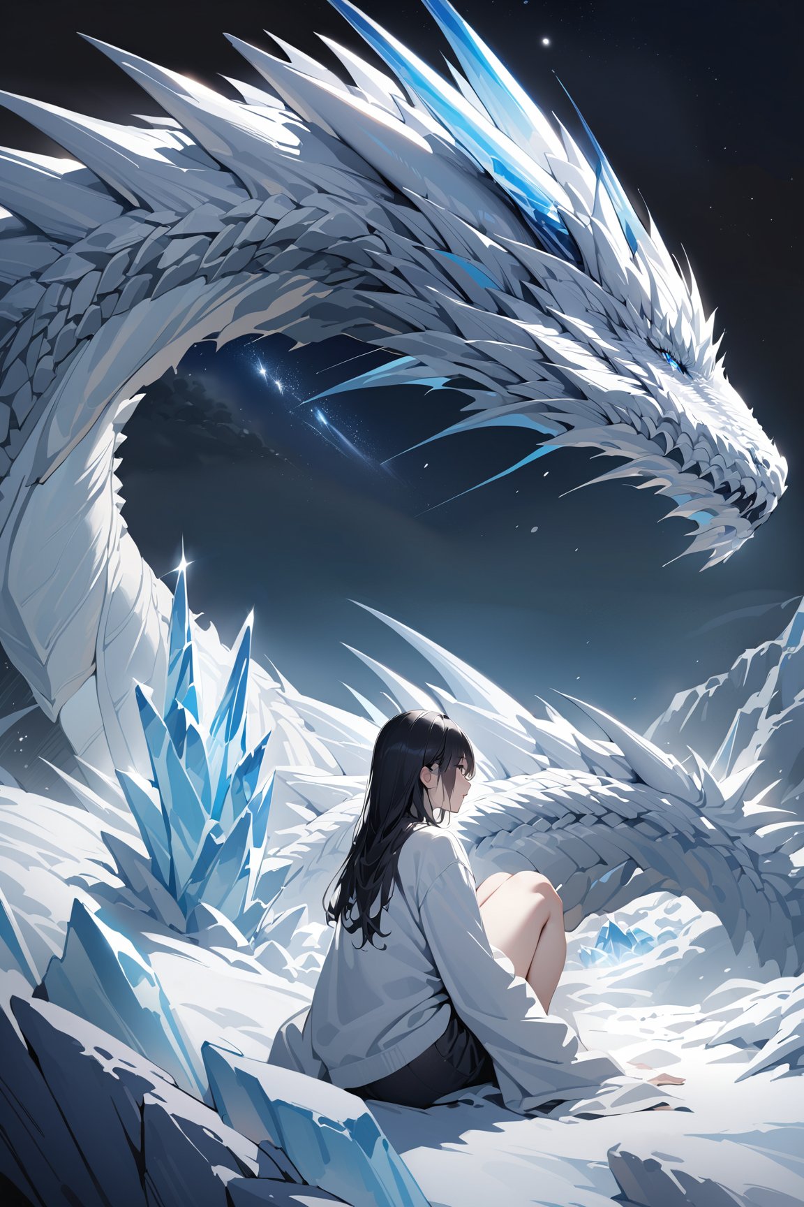 white dragon and girl,
starry sky,night,ice world,
masterpiece, best quality,photorealistic,white dragon