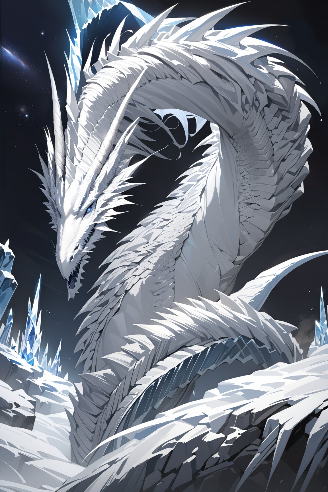 mechanical white dragon,
starry sky,night,ice world,
masterpiece, best quality,photorealistic,white dragon