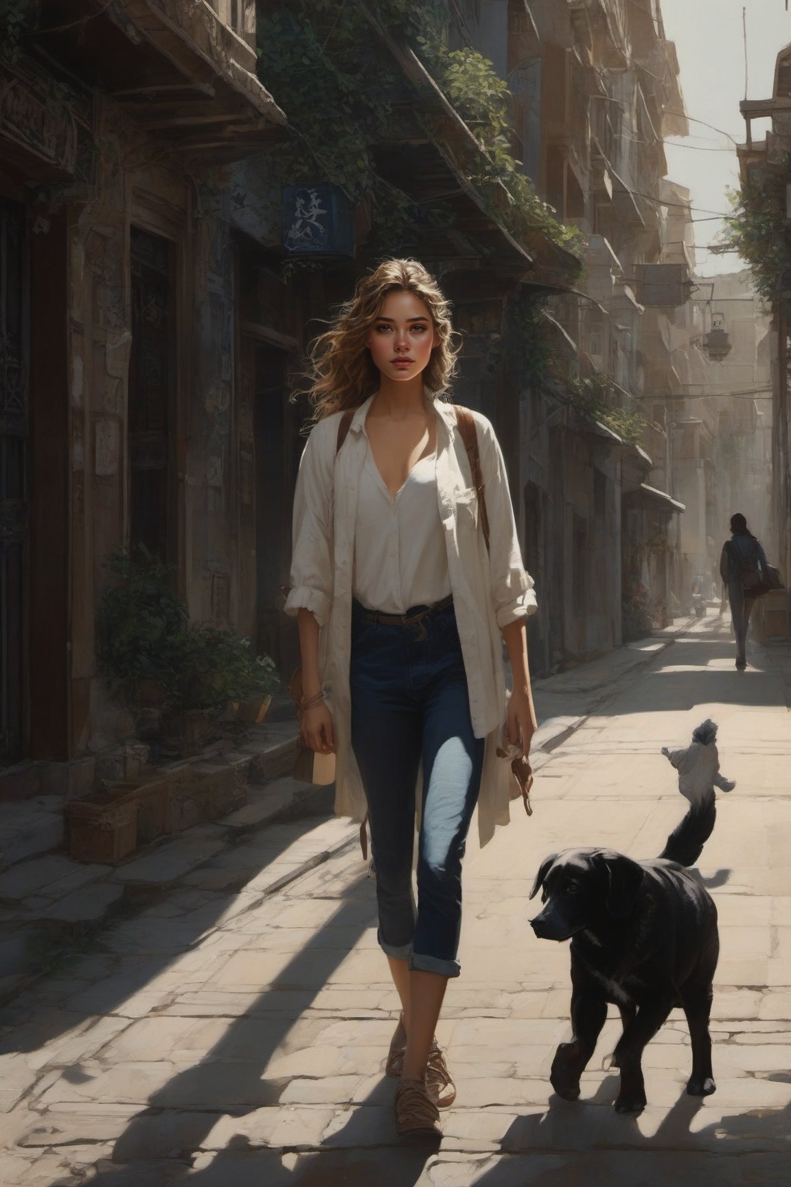 a girl walking in the street,intricate details,detailed exquisite face,soft shiny skin,chiaroscuro lighting,rule of thirds,wide shot,art_booster,real_booster