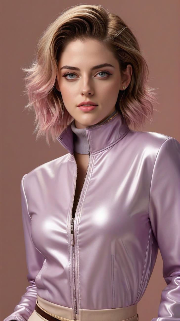 ((Hyper-realistic)) half body portrait of a beautiful woman,alluring neighbor's wife,23yo,(Kristen Stewart),body model portrait,clear facial features,perfect body,perfect in every way,detailed face,detailed soft shiny skin,detailed hair,playful smirks,seductive eyes,elegant jacket on (turtleneck) shirt,detailed reflective textures of clothes,(Lilac, Beige, Maltese Terracotta, Flamingo Pink color),rule of thirds,chiaroscuro lighting,soft rim lighting,key light reflecting in the eyes,bokeh backdrop,by Antonio López and David Parrish,real_booster
