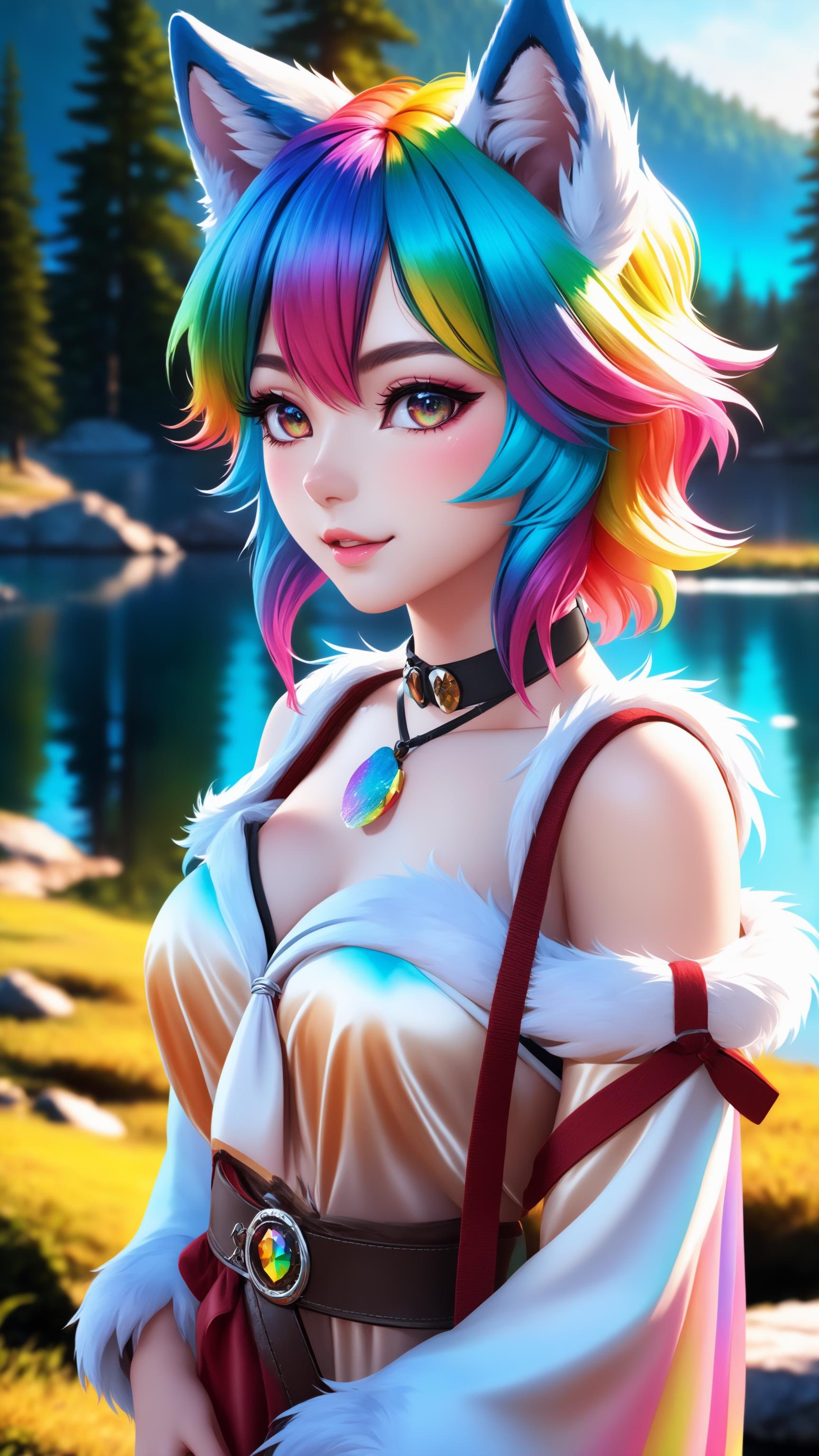 1girl, furry girl, anime furry women, ((best quality)), ((masterpiece)), ((realistic)), (detailed), portrait, close up, young female, RAW photo, uhd, dslr, rainbow hair, high quality, realistic, photo realistic, dreamlikeart, lens flare, upper body, looking at viewer, animal focus, furry, wolf fursuit, 1girl, cute, kawaii, lovely, fur, fur head, wolf head, narrow waist, wolf ears, chocker with rope, blush, paw, paw shoes, rainbow clothes, stunning gradient colors, no watermark signature, detailed background, woods, small lake with island, insanely detailed, ((masterpiece)), absurdres, HDR