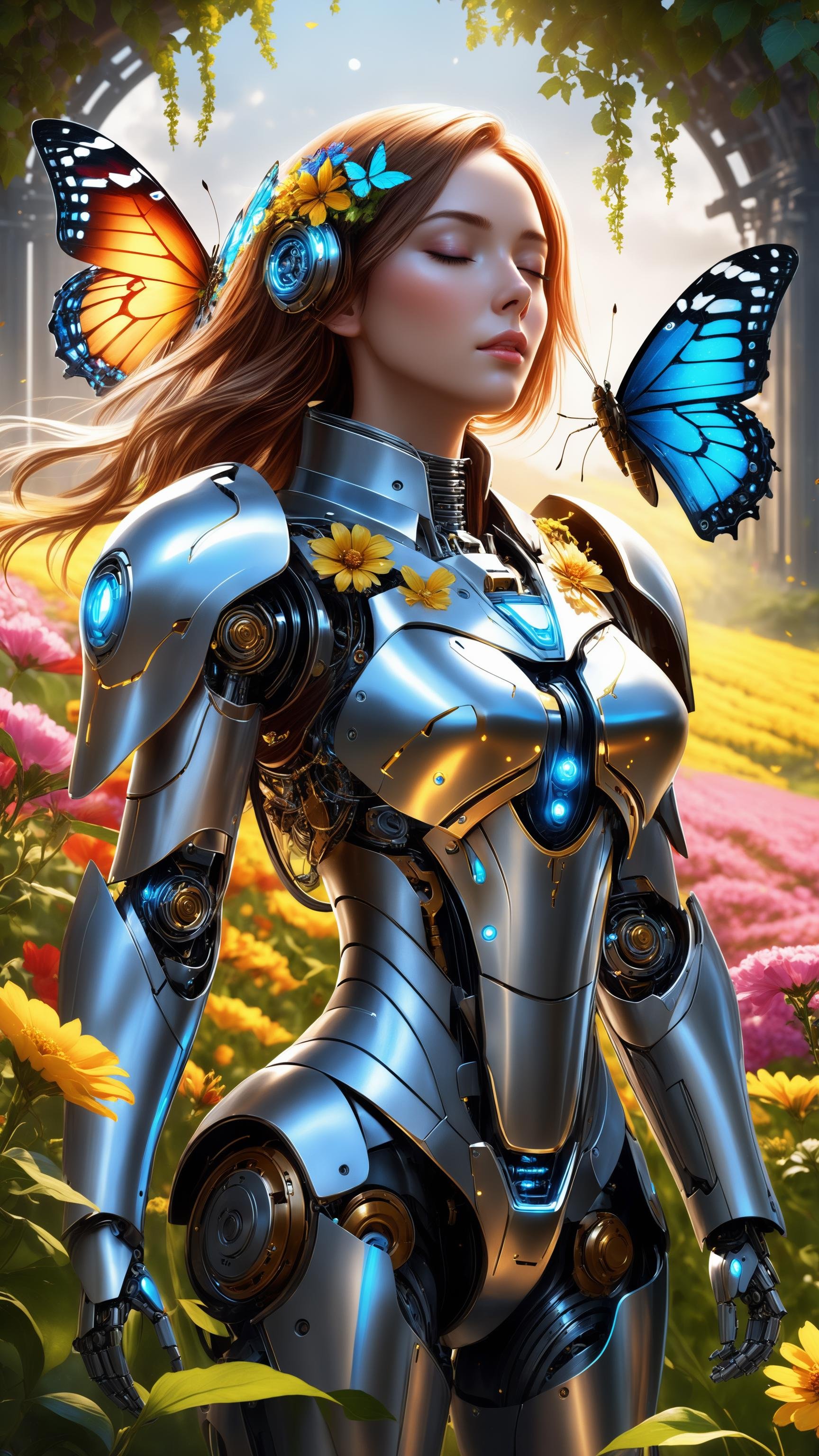 (masterpiece, best quality), (1mechanical girl), (closing eyes), mechanical arms, upper body, ultra detailed, highly detailed, cinematic lighting, intricate details, colorful butterflies, (flowers growing on the mechanical body), (vines connecting to body), (detailed damaged cape), mecha, robot, detailed shiny armor, (warm light), (specular light:1.2), (flower field background:1.4), (glowing runes)