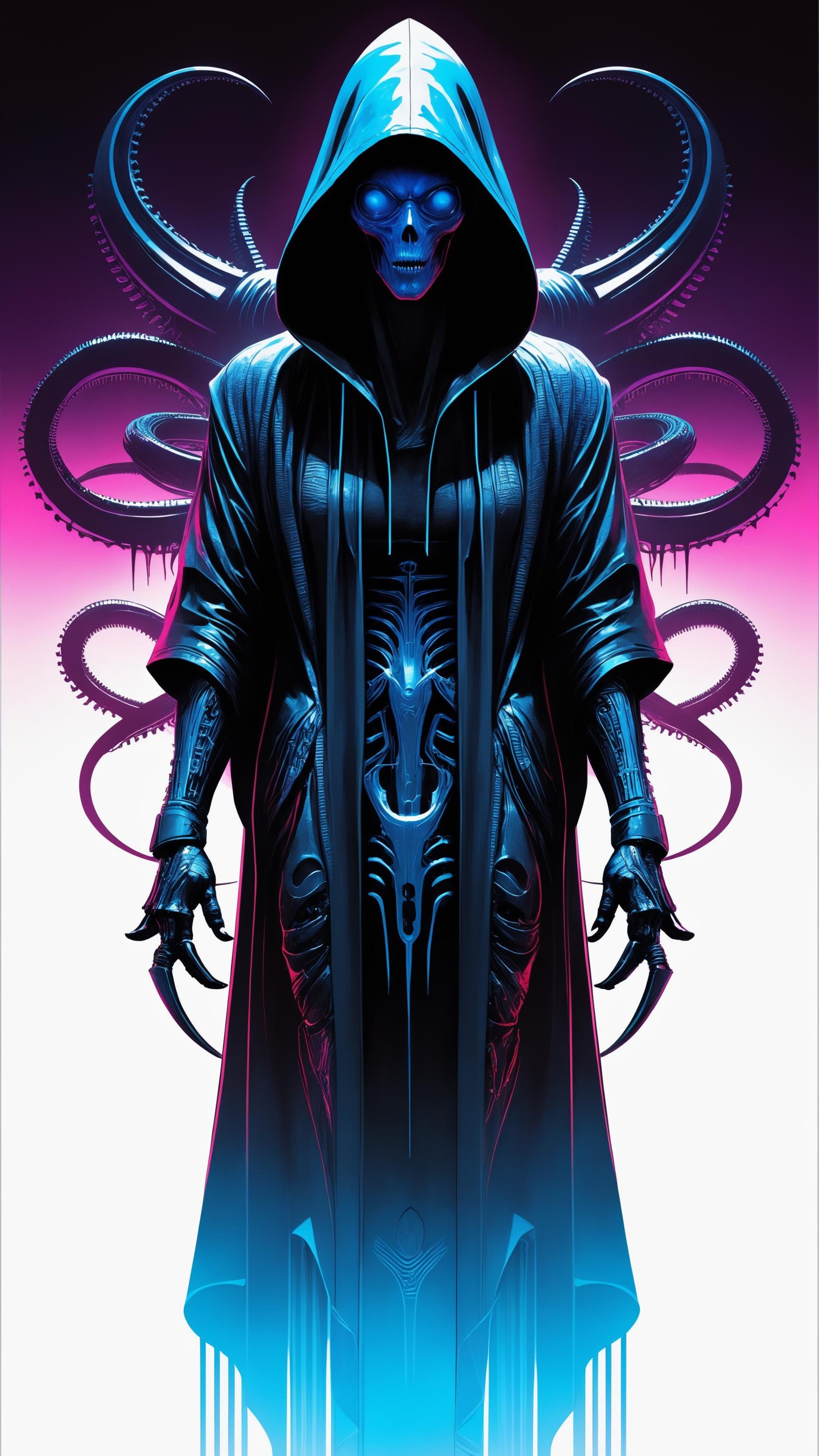 best quality, high resolution, distinct_image,alien , giger, viscera, post-apocalypse, peeled flesh, guro, broken creature, deadman, powerful figure, striking appearance, intricate tattoos, scars, hooded robe, hides their face, only their eyes visible through the shadow, tentacles, (black), (blue dark), (Frightening:1.3) (RFNKTRY), vaporwave, synthwave, cyberpunk, (by Artist Akihiko Yoshida:1.3), (by Artist Ross Tran:1.3), (by Artist Tsutomu Nihei:1.3), masterpiece, 4k, HD, art by nvinkpunk