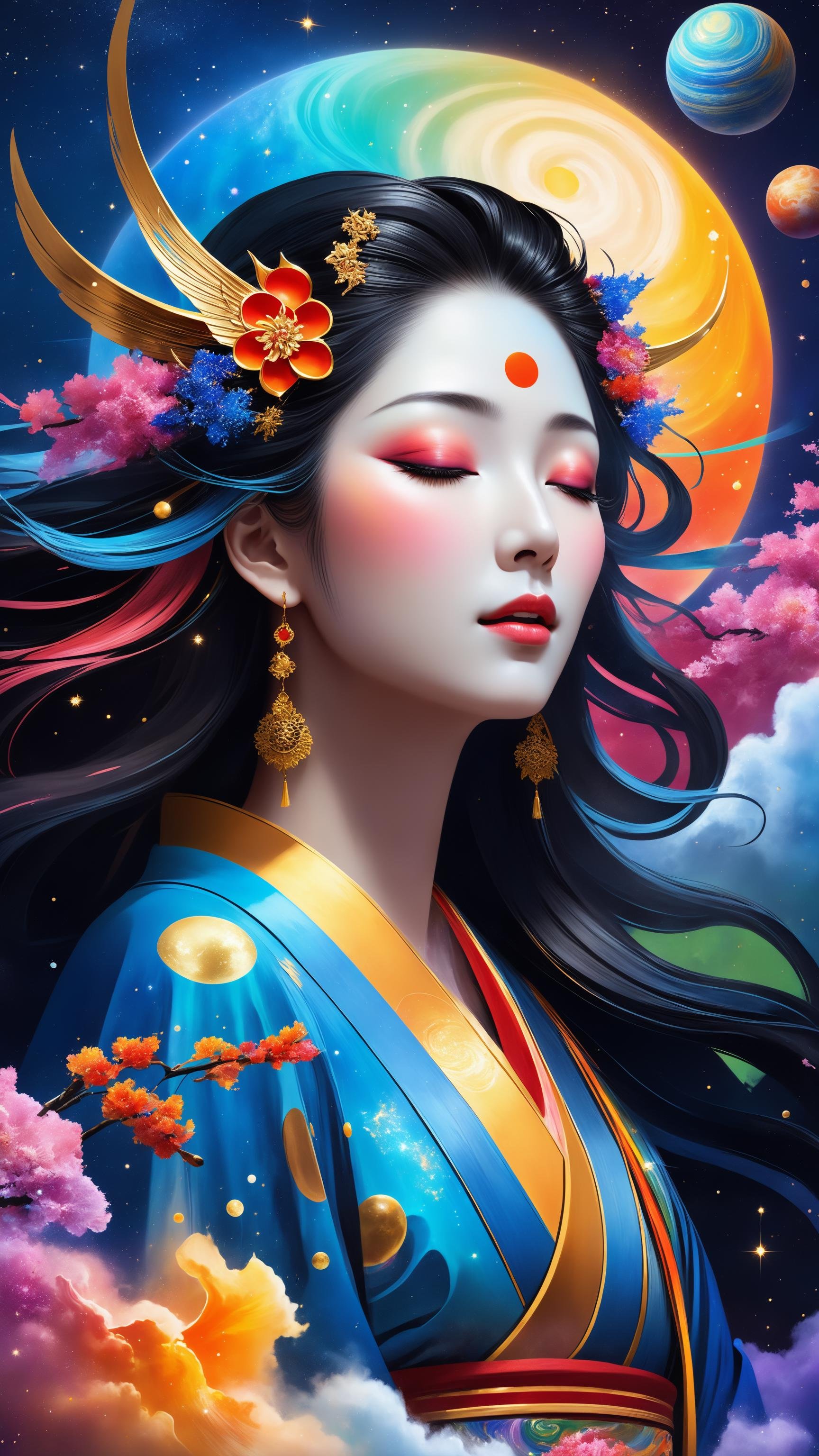 a beautifulgirl , closed eyes, portrait , style-paintmagic , (((splash of paint))), (((colorful))), (((floating colorful paint))), goddess of death, Japanese mythology,(featuring mythical creatures), solar system, milky way, dream, fantasy, (abstract background:1.3), masterpiece, ultra realistic, 32k, extremely detailed CG unity 8k wallpaper, best quality