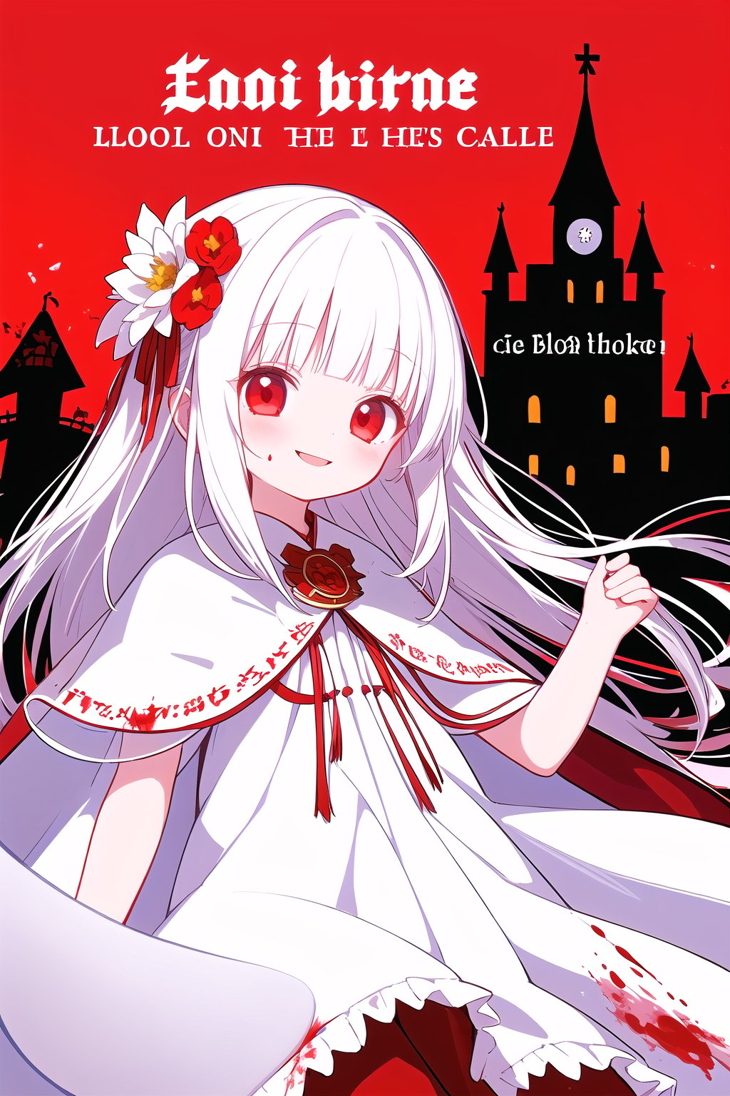 1girl,(loli:1.2),red eyes,white cape,(white hair),long hair,(red hair flower),(blood:1.2),(ghost castle:1.2),(english text),(silhouette),Long bangs,evil smile,cover,Text below,<lora:Puk 1.1:0.5>,