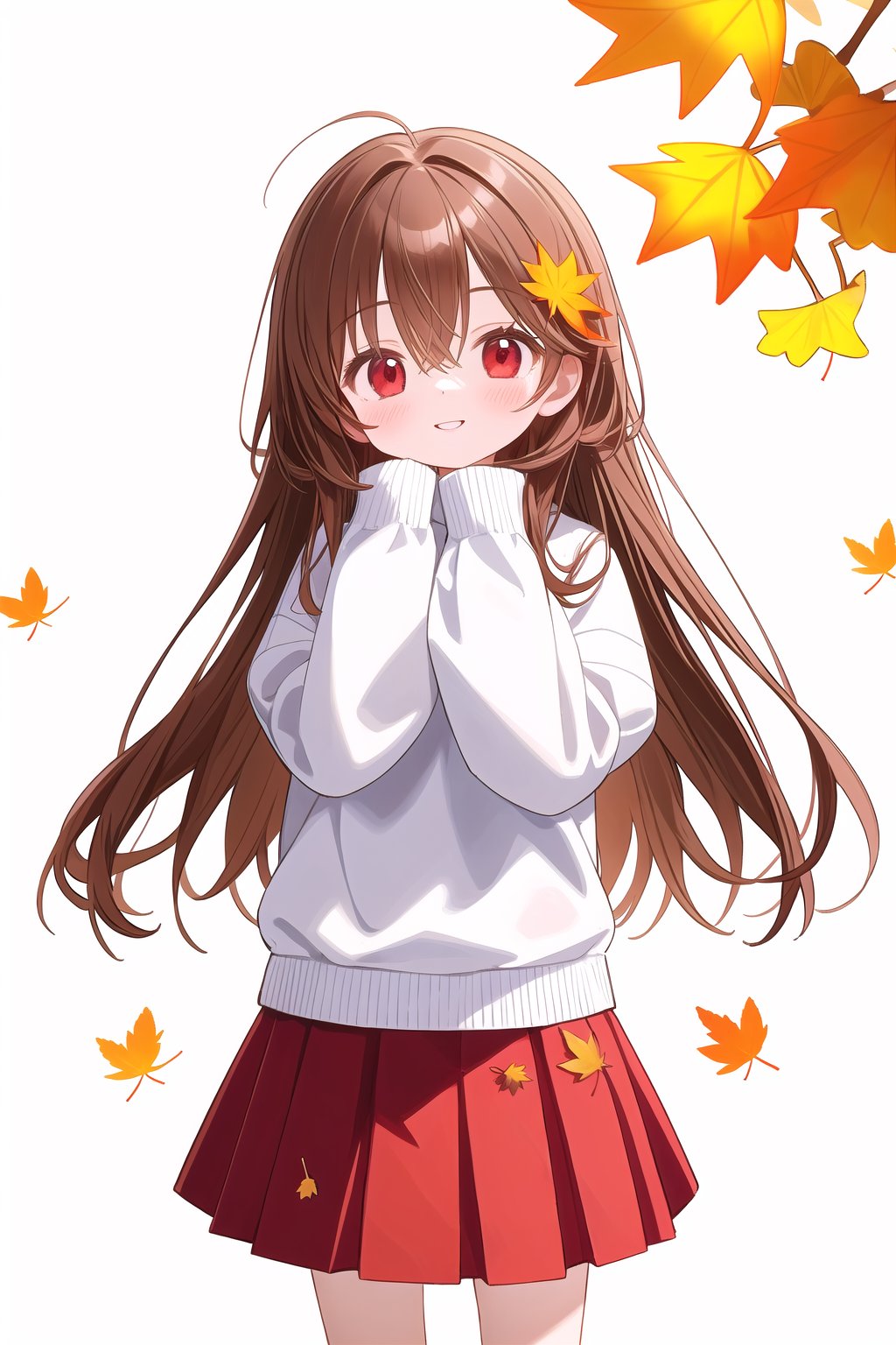 1girl, solo, long hair, looking at viewer, blush, smile, bangs, skirt, brown hair, shirt, red eyes, long sleeves, white background, hair between eyes, very long hair, standing, white shirt, pleated skirt, parted lips, puffy sleeves, hand up, sweater, sleeves past wrists, feet out of frame, red skirt, leaf, hair flaps, puffy long sleeves, white sweater, autumn leaves, maple leaf, ginkgo leaf