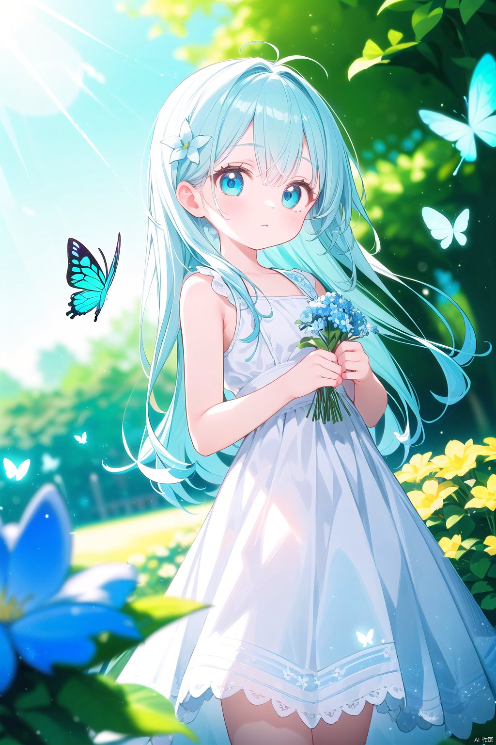  wide shot,(depth of field),global illumination,soft shadows,backlight,lens flare,((colorful refraction)),((cinematic lighting),looking outside,with butterfly,1girl with lightblue long hair and blue aqua eyes,hair flowers,hime cut,sunlight,blurry background,blurry,garden,White Dress,