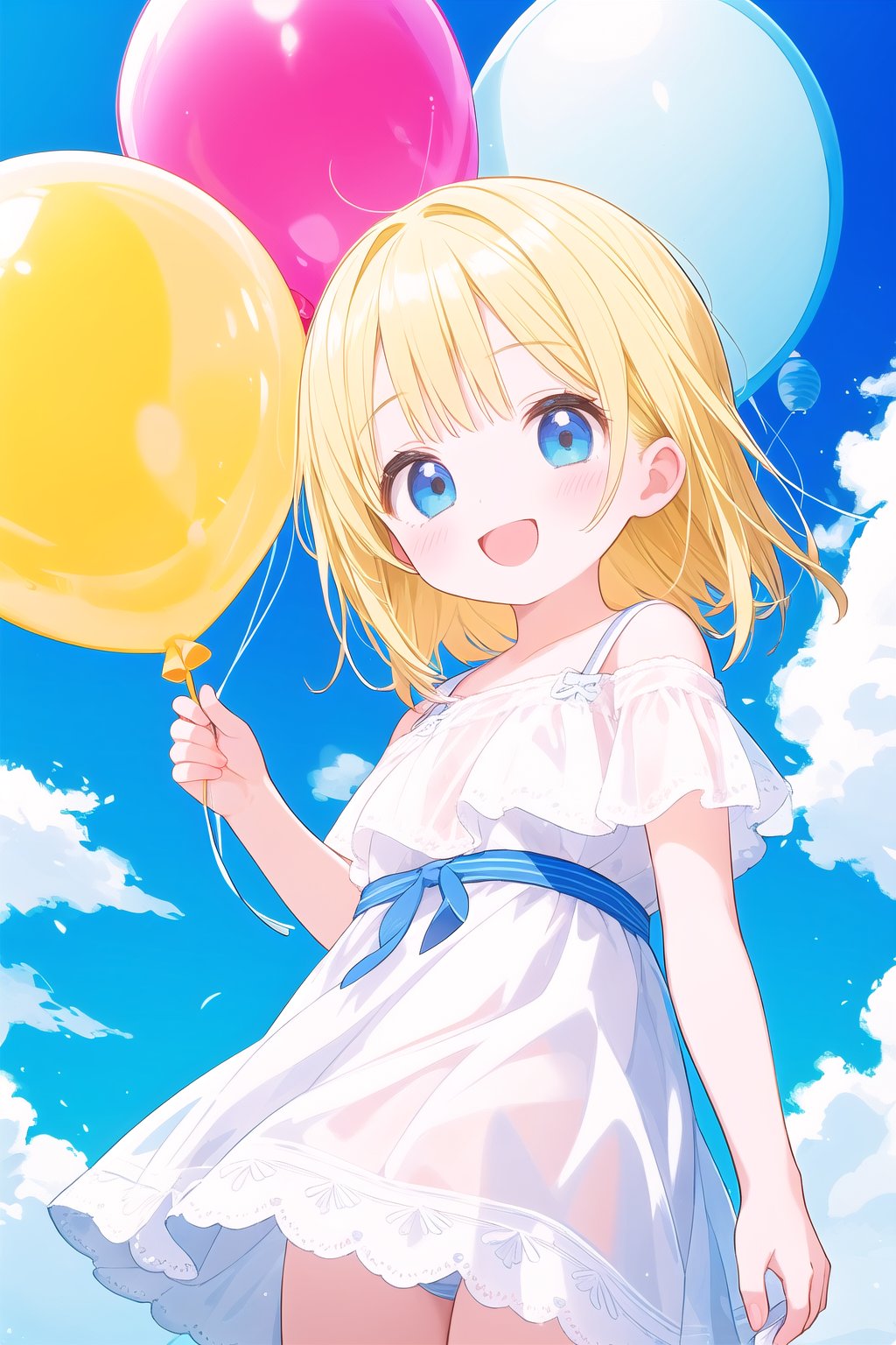 1girl,cute,cute,happy,cat,balloon,clearness,short hair,long hair,blonde hair,