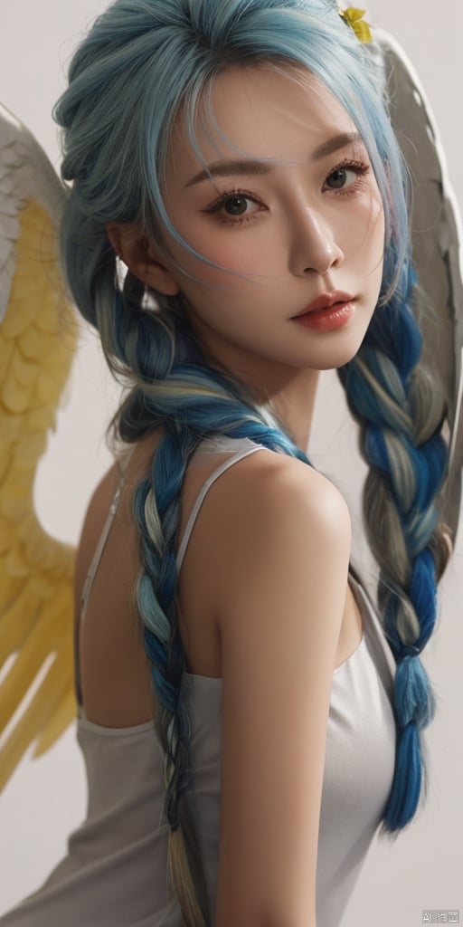  1girl, solo, long hair, blonde hair, simple background, white background, blue hair, braid, multicolored hair, portrait
feathered wings, angel wings, white wings