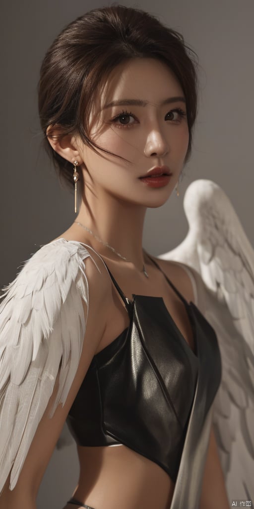  1girl, solo, short hair, simple background, black hair, jewelry, earrings, black eyes, lips, portrait, realistic
feathered wings, angel wings, white wings