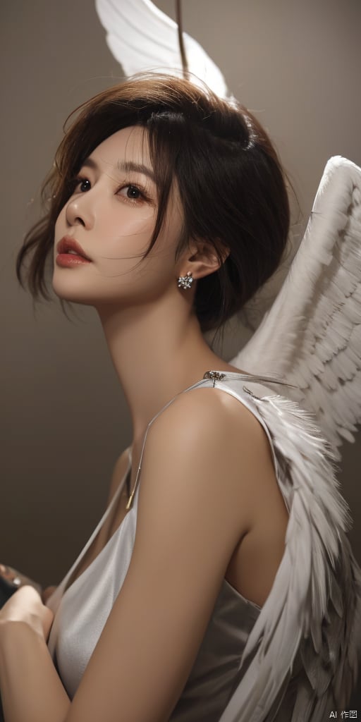  1girl, solo, short hair, simple background, black hair, jewelry, earrings, black eyes, lips, portrait, realistic
feathered wings, angel wings, white wings