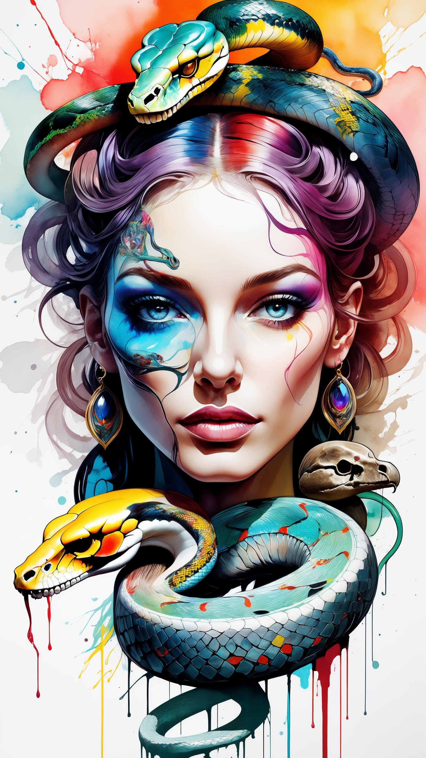 (Gorgeous Painting:1.3) of (Masterpiece:1.3),of (watercolor painting),  (large brain alien head:1.1),(birds:1.2), (body full of skull tattoo:1.3),(snake curling around head:1.4),snakes, (art by Carne Griffiths:1.3),(tertiary color:1.3), (secondary color:1), (primary color:.7), vibrant color, deep shadow, ((Abstract, Abstraction, Artistic, Rim Lights, Rim Lighting, Rim Light, Edge Lighting, absurdres, high resolution, (8k resolution), 8k, 8kres, 8k res, super resolution, ultra hd, megapixel, high details, detailed and intricate, intricate details, high intricate details, absurd amount of details)), (by Artist Alberto Seveso:1.4),(by Artist Conrad Roset:1.4),(by Artist Ivan Bilibin:1.3),(Process Art:1.8)  style of kaleidoscope art