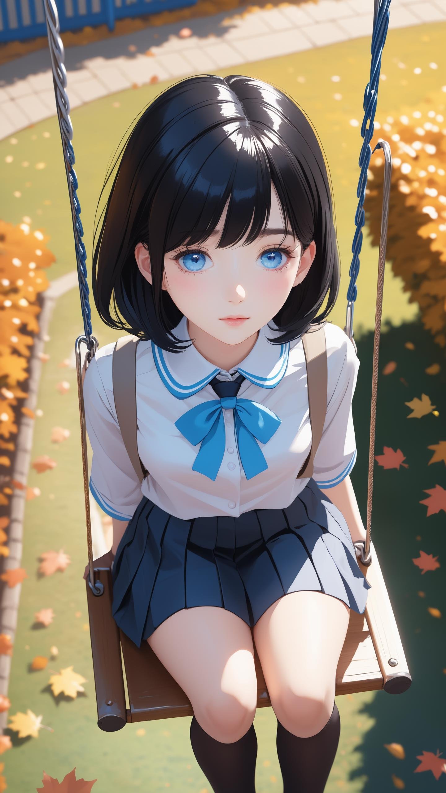 pastel color, from above, upper body, depth of field, masterpiece, best quality, best quality, 1girl sitting on a swing, school uniform, black hair, blue eyes, autumn, park
