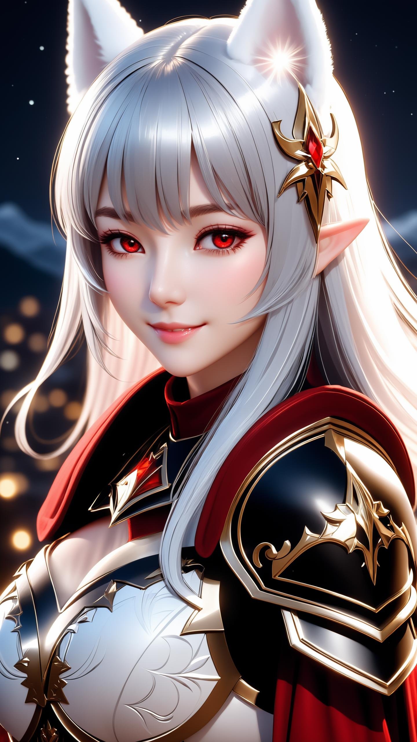 1girl, solo, standing, looking at viewer, silver hair, straight hair, long hair, blunt bangs, red eyes, determined, serious, large breasts, holy knight, armor dress, scenery, mountain, fantasy, midnight, night sky, sparkles, light particles, glowing light, bloom, ambient occlusion, deuzear, female close up face, smiling, red glowing patterns, black eyes, (white furs and ears), (((3/4 view, three-quarter view, strong rim light, city blurry background, walking, relaxed, night, dark scene))), ESAO, unreal engine 5 quality render, a 3D render, ultra realistic furs, realistic lighs, ultra detailed