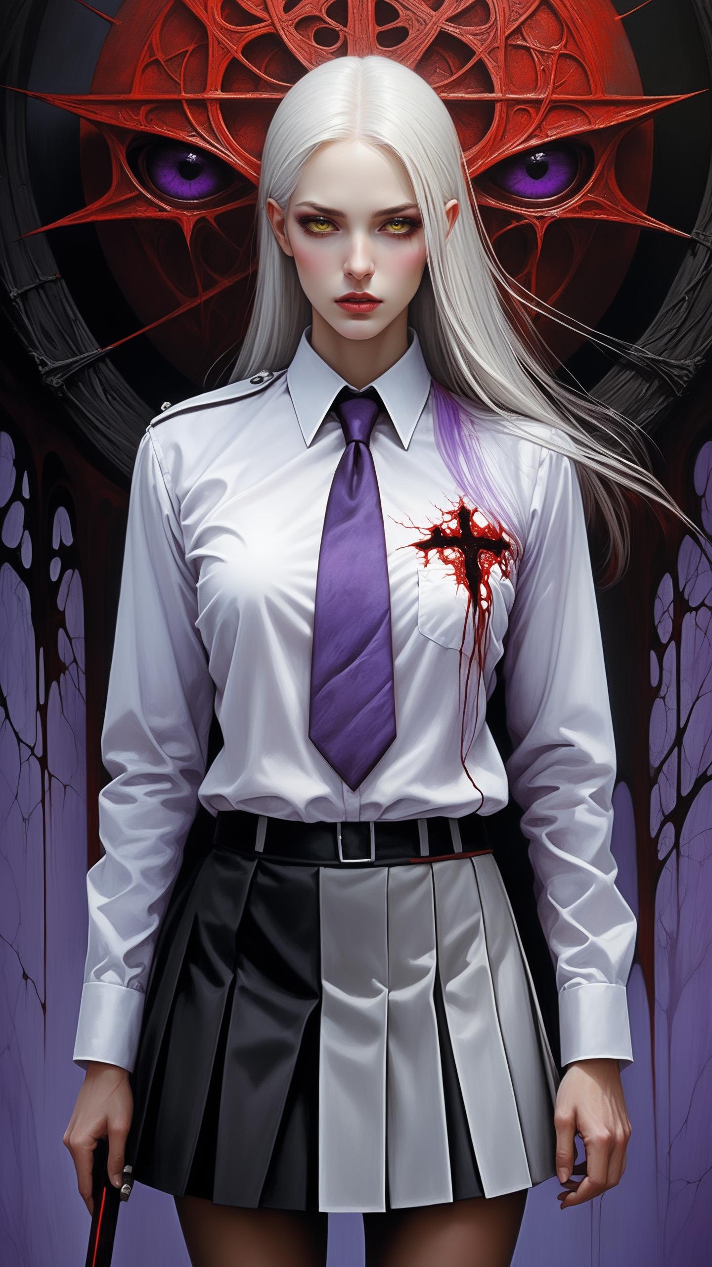 girl with a pretty face, white hair, purple eyes, (((sexy school uniform))), wearing a stylish very sexy school uniform, with a funny expression on her face, Hellwalker, incombing death, hell, black bloody veins growing and intertwining out of the darkness, oozing thick yellow blood, veins growing and pumping blood, (male body:1.6), 1 man, vascular networks growing, connecting, explanding, red veins everywhere, zdzislaw beksinski, (sharp colors:1.3), (rainbow skin:1.1), (Infrared:1.2), ultra detailed, intricate, oil on canvas, ((dry brush, ultra sharp)), (surrealism:1.4), (disturbing:1.5), beksinski style painting, satanic symbols, (full torso), full body in frame, centered body, (male:1.2), realistic, ((intricate details)), (pale gothic evil king), dynamic pose, perfect face, (realistic eyes), perfect eyes, ((dark gothic background)), sharp focus