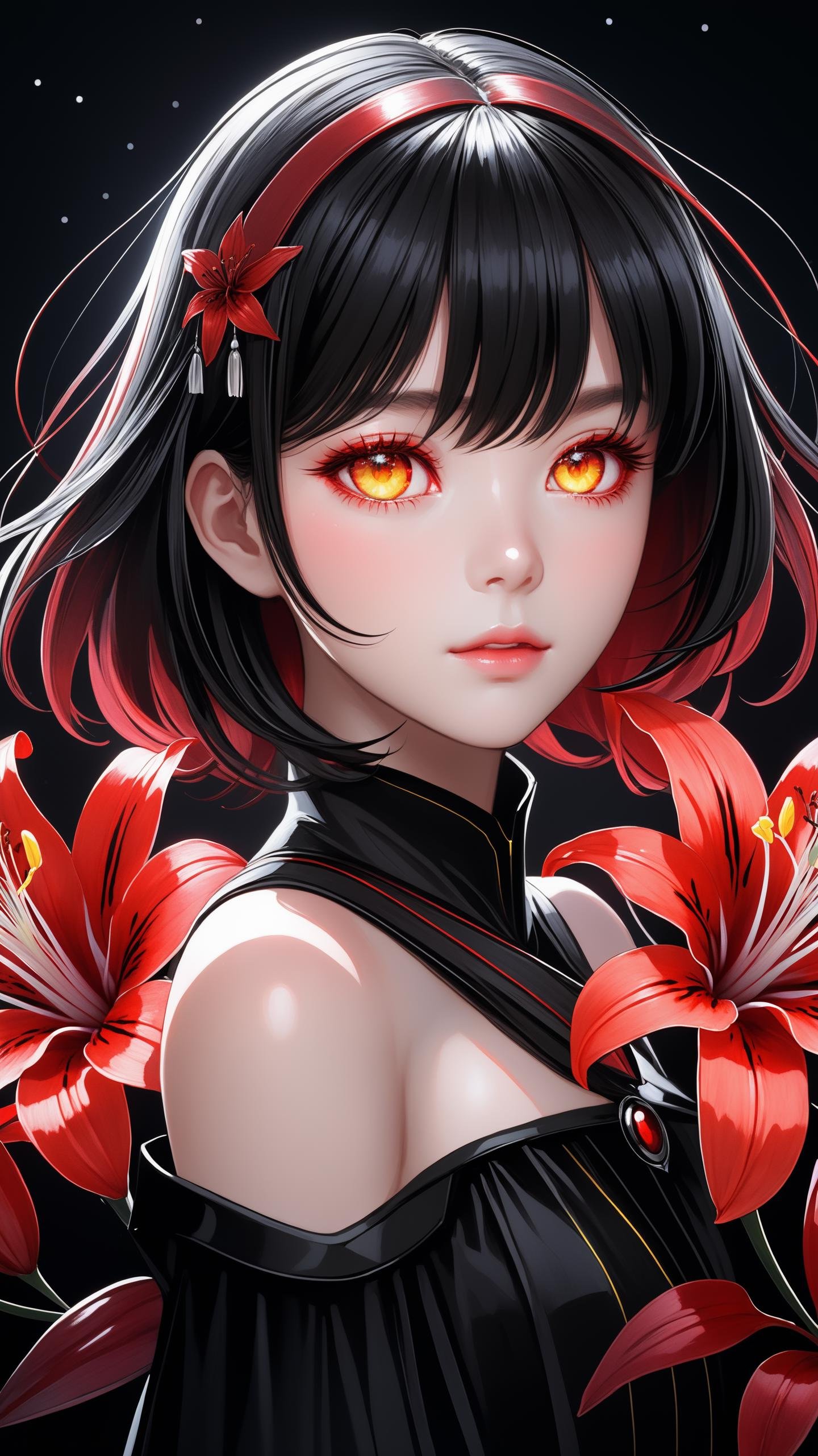 face focus, cute, masterpiece, best quality, 1girl holding lycoris, black background, light particle, solo, black hair, red eyes, standing, pixiv, depth of field, cinematic compotision, best lighting, looking up, (anime:1.2), (cult of cthulhu:0.75), (futurism:1.2), (dread:0.6), (impressionist:1), detailed, (colorful:1.3), (breathtaking), (cute:1.4), (radiant:1.2), (magnetic1.2), (surreal:1.1), (fascinating:1.3), (black:1.2), (crimson:1.2), (yellow:1.1), (eerie:0.9)