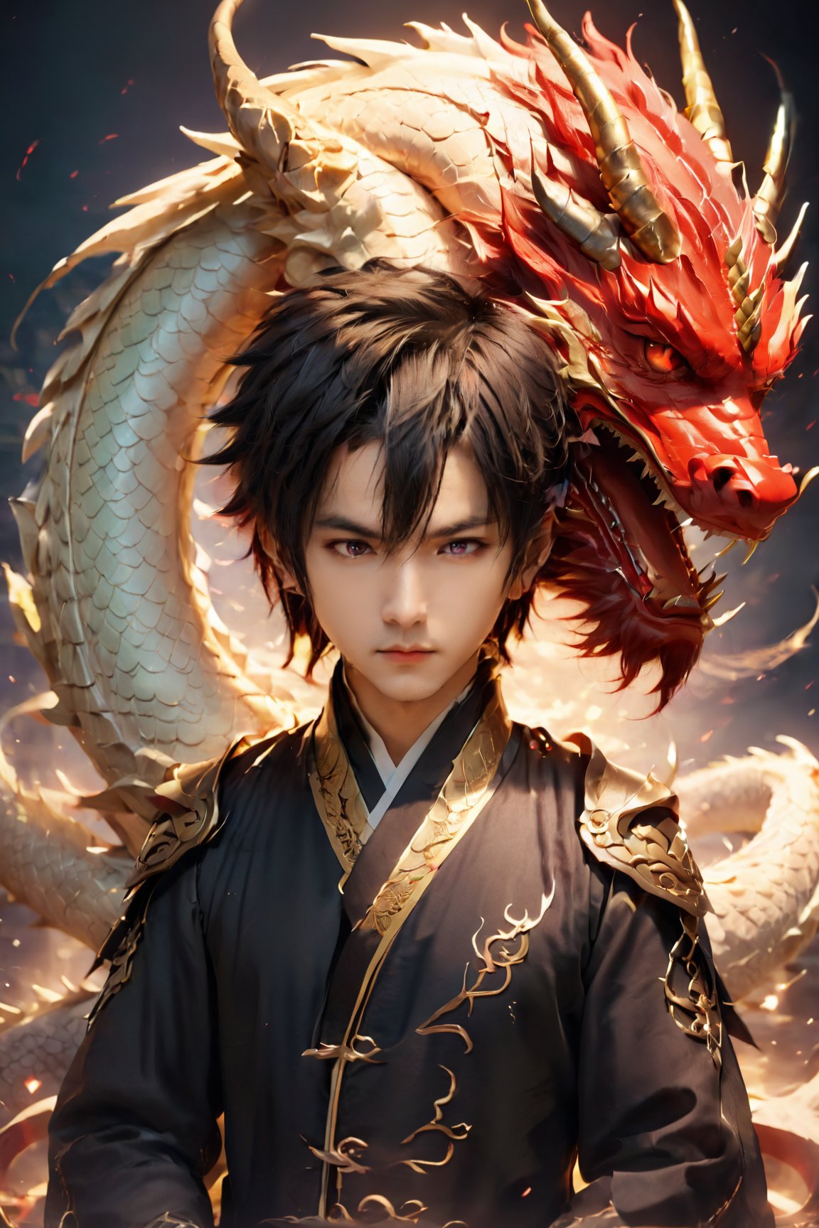 solo,  short hair,  black hair,  red eyes,  1boy,  closed mouth,  male focus,  horns,  chibi,  aged down,  child,  dragon,  male child, , chinese girls,<lora:EMS-276966-EMS:0.700000>