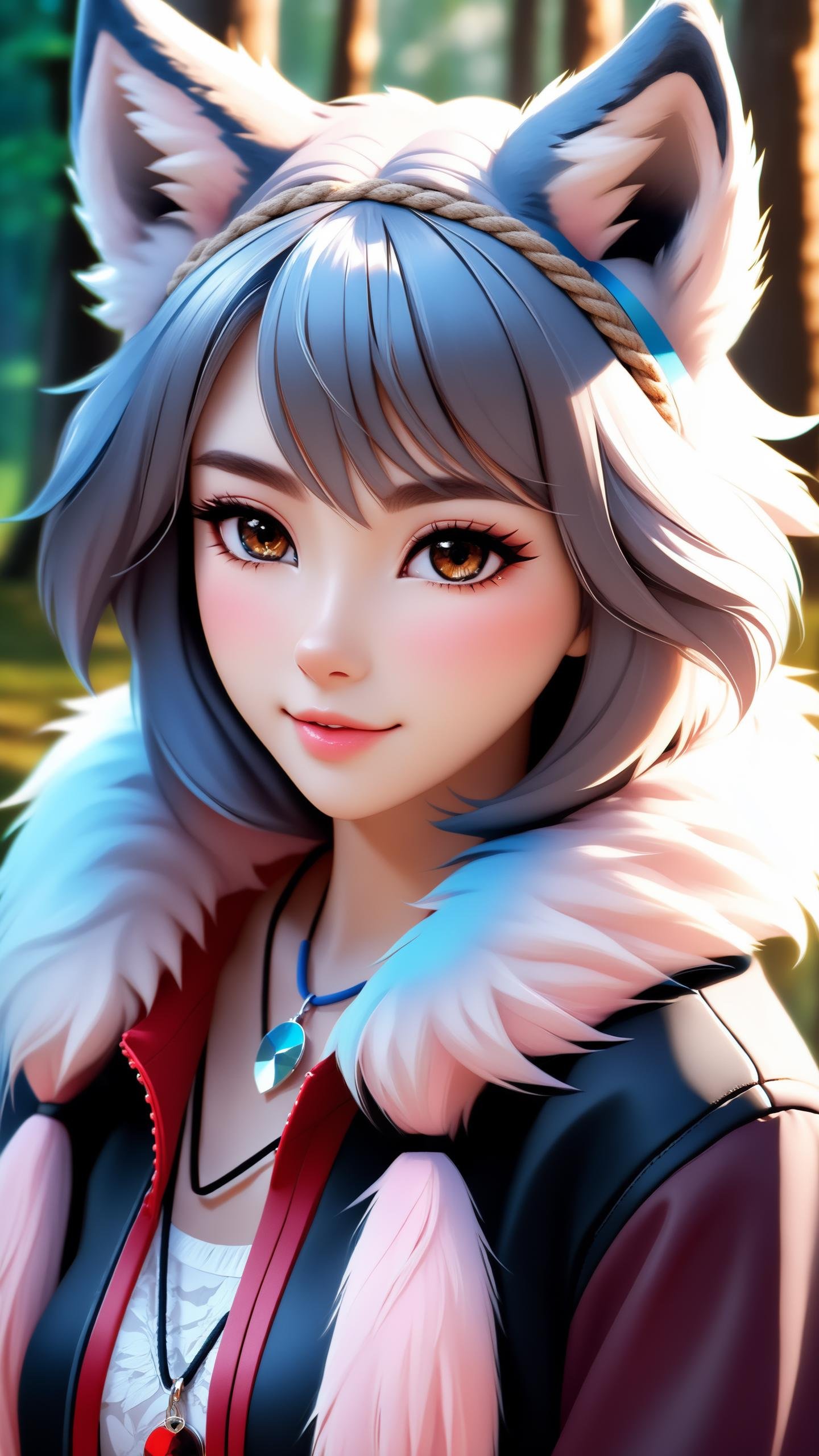 1girl, furry girl, anime furry women, (best quality), ((masterpiece)), ((realistic)), (detailed), portrait, close up, young female, RAW photo, uhd, dslr, high quality, realistic, photo realistic, dreamlikeart, lens flare, upper body, looking at viewer, animal focus, furry,wolf fursuit, 1girl, cute, kawaii, lovely, fur, fur head, wolf head, narrow waist, wolf ears, chocker with rope, blush, paw, paw shoes, stunning gradient colors, no watermark signature, detailed background, woods, small lake with island, insanely detailed, ((masterpiece)), absurdres, HDR