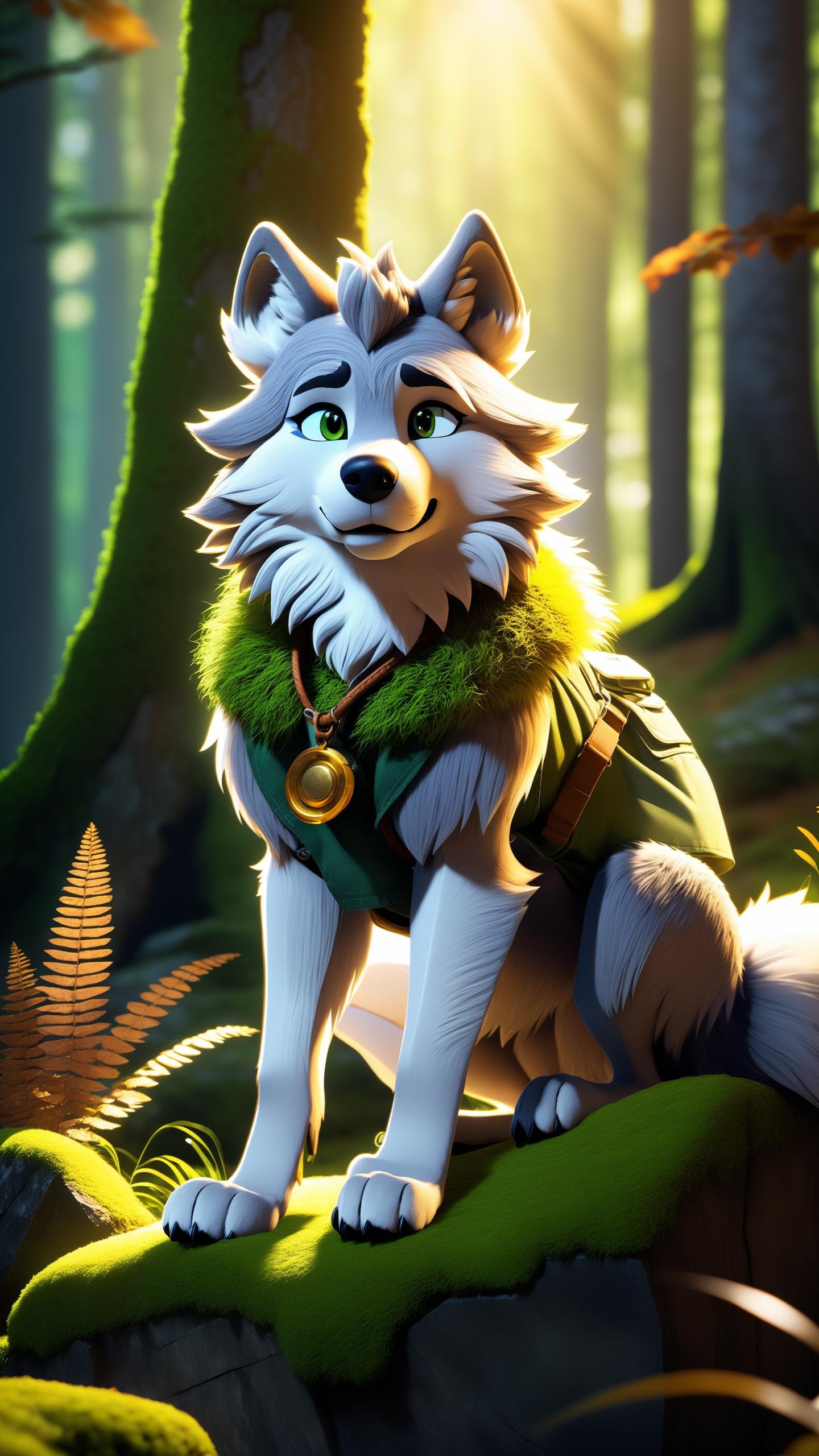 in the forest sitting on a mossy stone, (fluffy anthro furry:1), Fluffy curly fur, backlit by sunrise, (remarkable detailed eyes, perfect mouth), male, (wolf:1), cargo shorts, asymmetrical hair, detailed background, masterpiece, best quality, absurd res, subsurface scattering, cinematic lighting