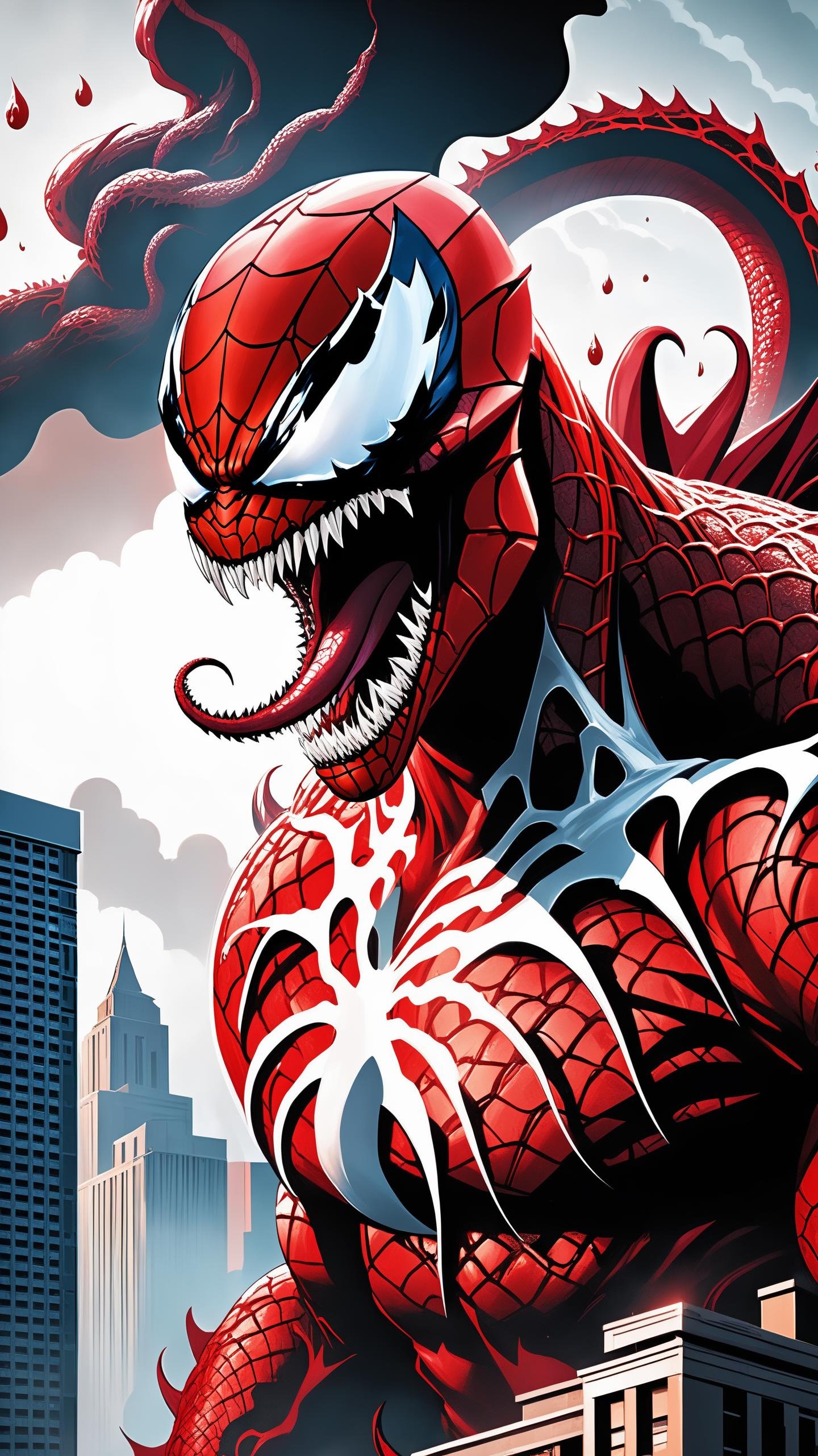 perfect mix between Carnage from Marvel and Godzilla, with Carnage's red tentacles protruding from his entire body, destroying city, blood, epic, (cataclysmic, white eyes like venom, gargantuan, taller than buildings, oversized, gigantic:1.6), absurdres, best quality, fantasy style, (intricate details), (hyperdetailed), 8k hdr, high detailed, lot of details, high quality, soft cinematic light, dramatic atmosphere, atmospheric perspective